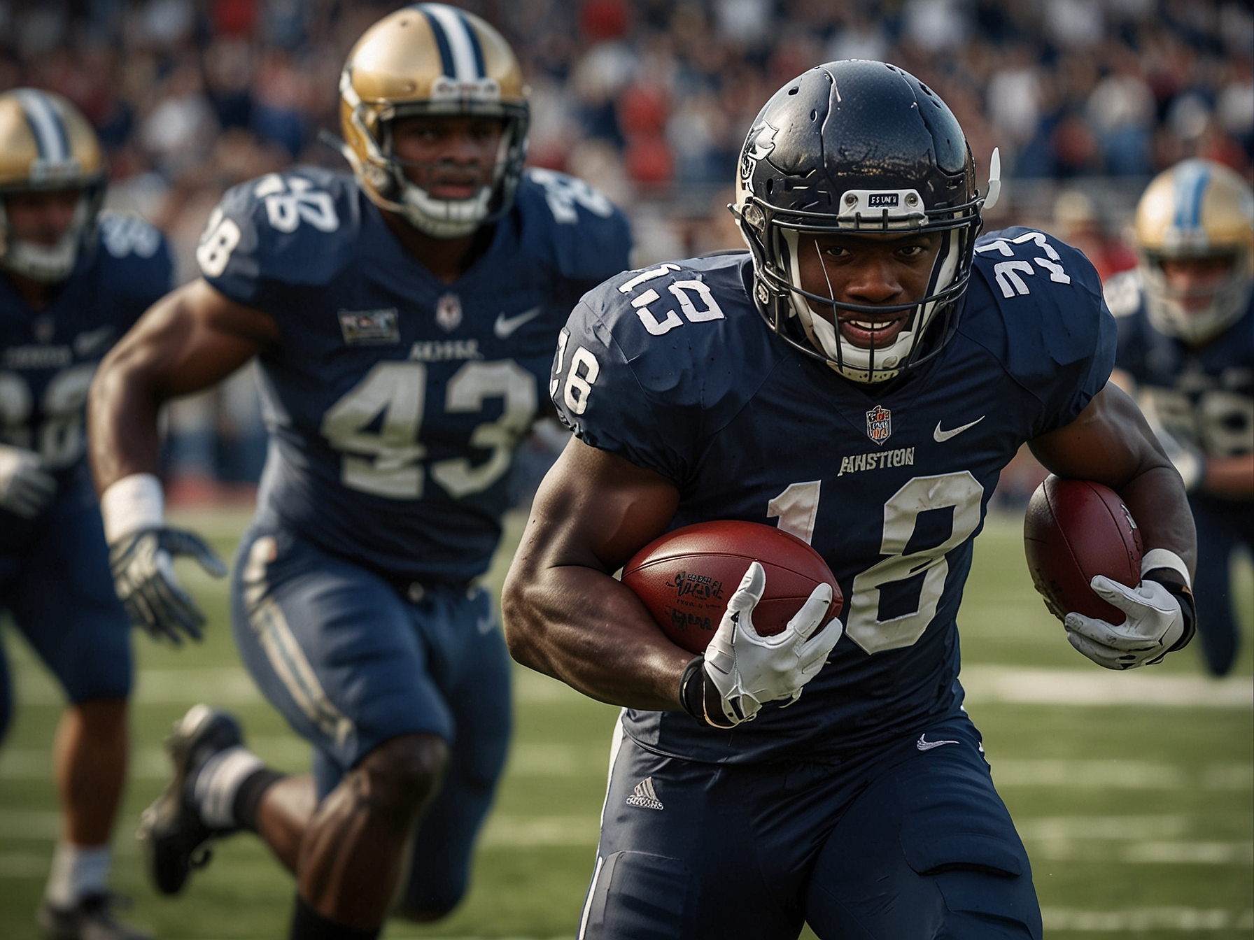An intense moment from the game showing Ashton Jeanty breaking away from defenders during his record-setting 75-yard touchdown run, with fans cheering in the background.