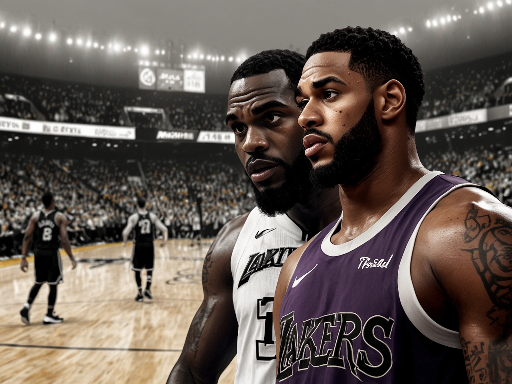 A tense moment during the Lakers vs. Hawks game, showcasing LeBron James and Anthony Davis as they strategize on the court with the scoreboard in a close game in the background.