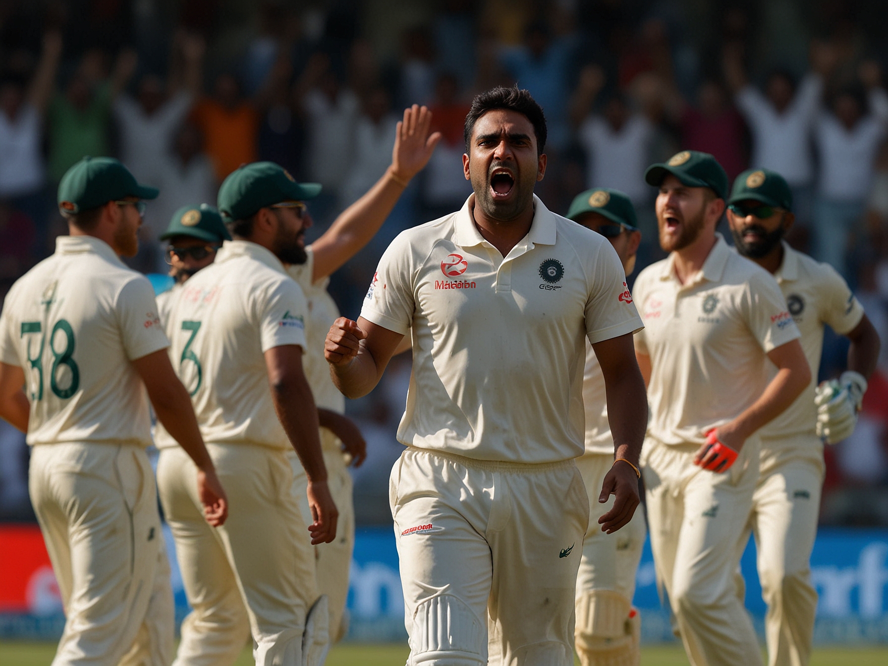 A tense moment during the match as Ravichandran Ashwin celebrates after taking the wicket of Mitchell Marsh, with Indian teammates surrounding him in excitement.