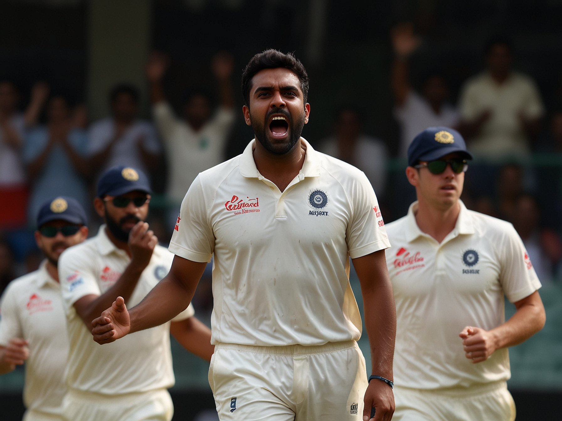 The packed stadium with passionate fans displaying emotions ranging from hope to anxiety, capturing the intensity of Day 2 of the Test match between India and Australia.
