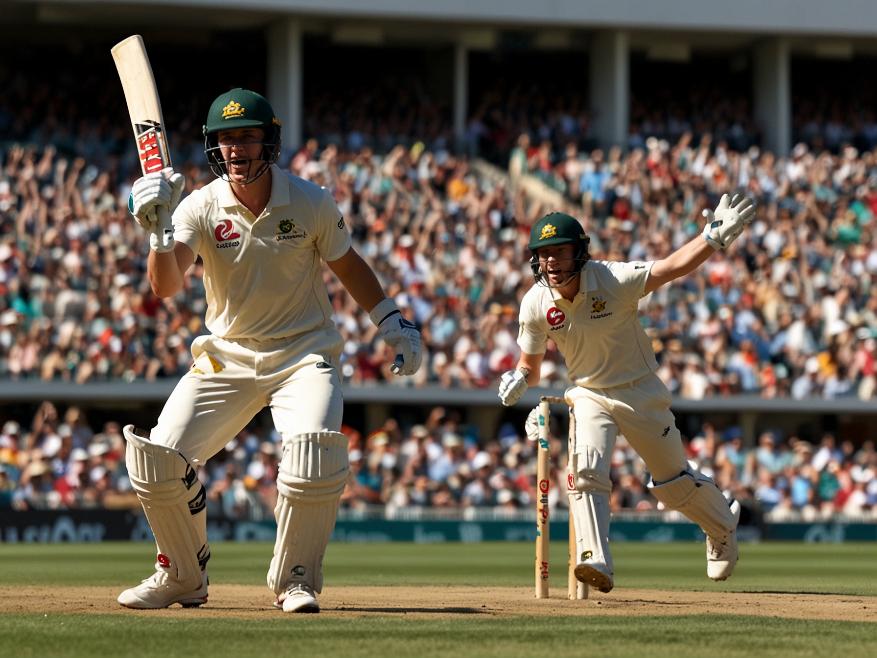 An action shot of Marnus Labuschagne and Travis Head celebrating a boundary in a packed Adelaide Oval, with fans cheering in the background, capturing the intensity of Test cricket.