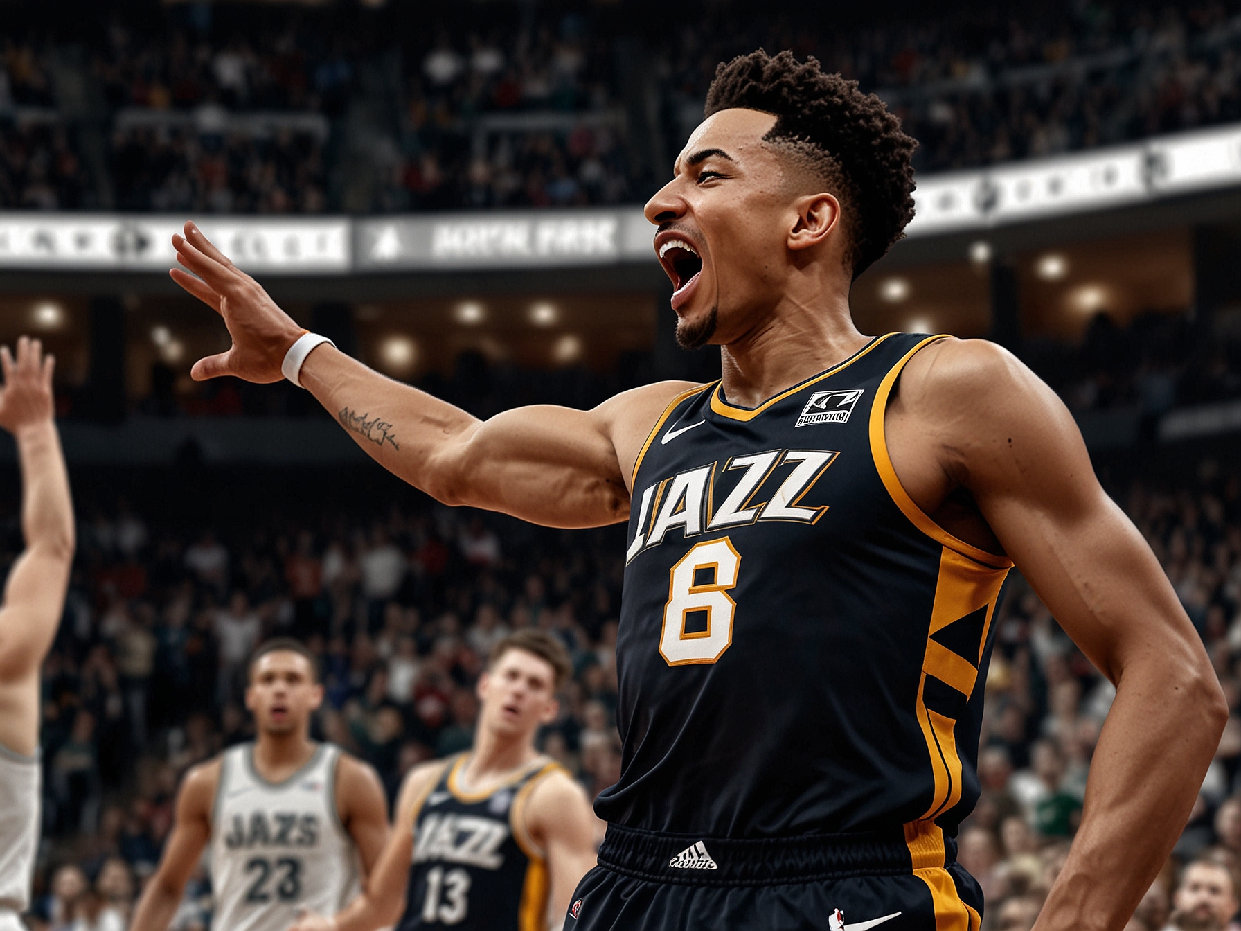 A dynamic moment captured during the game showing John Collins soaring for a dunk with the crowd in the background, celebrating the Jazz's triumph over the Trail Blazers.