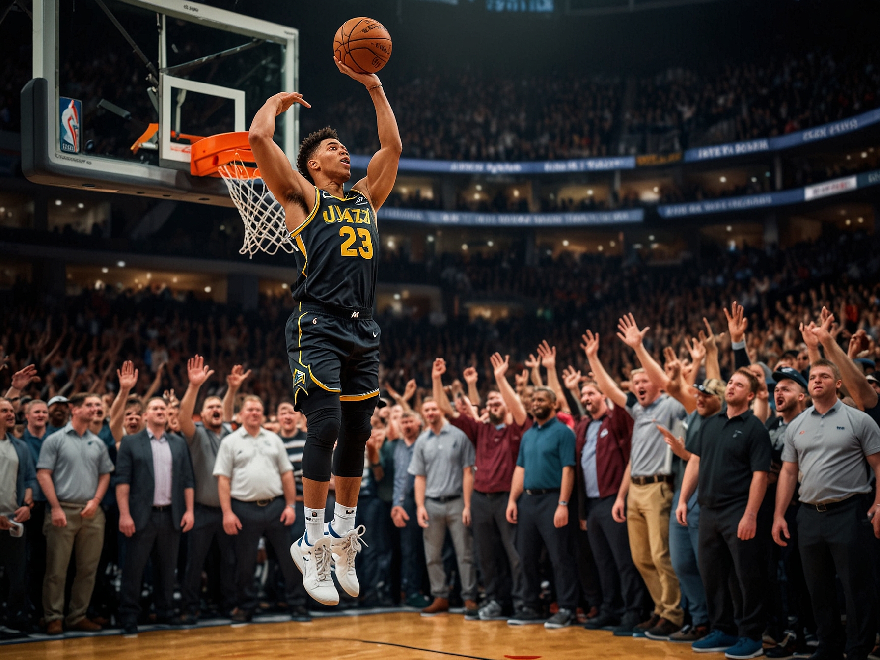 Walker Kessler showcasing his defensive skills by blocking an opponent's shot, highlighting his key role in the Jazz's dominant performance against the Blazers.