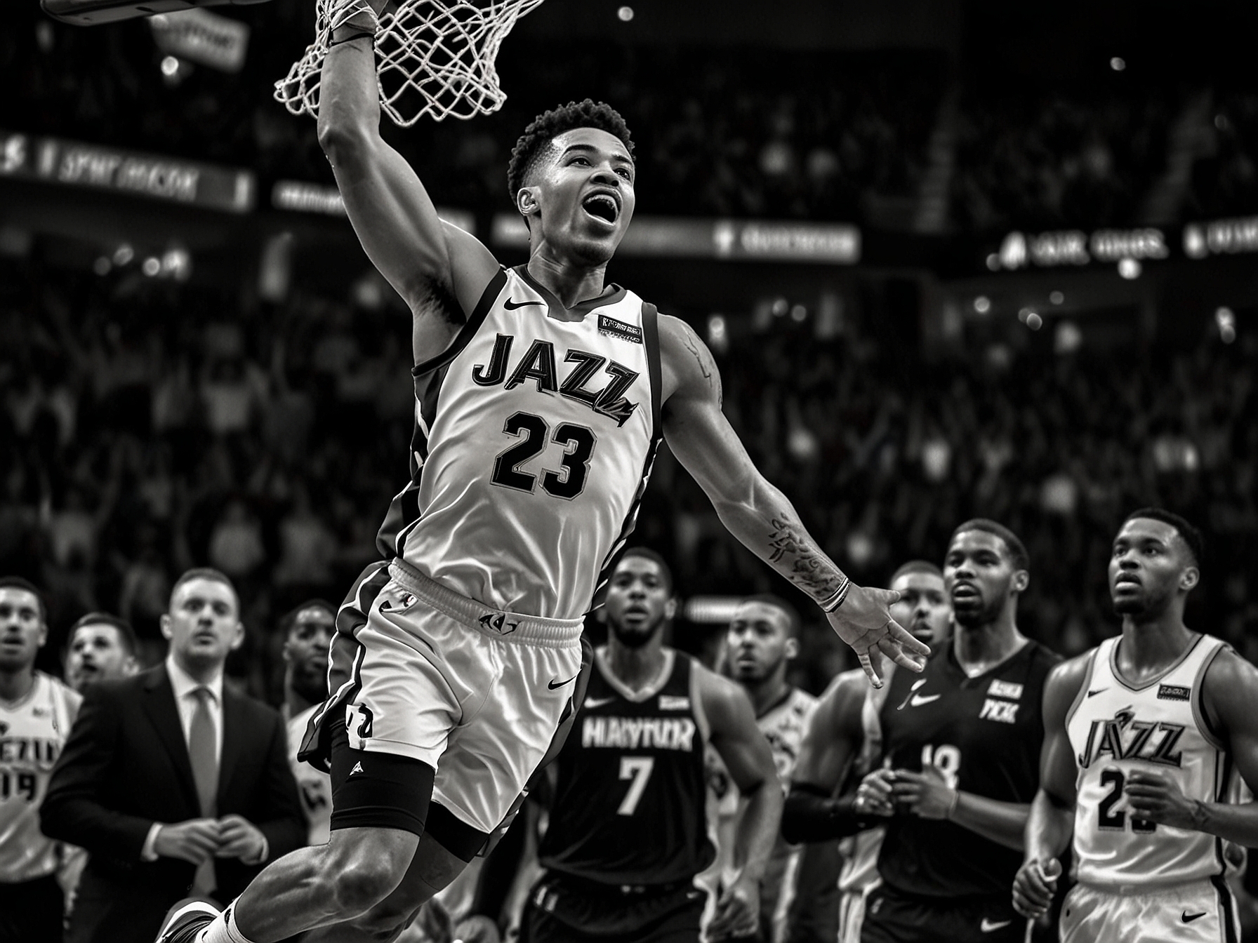 An action shot of the Jazz players high-fiving each other on the court after a successful play, illustrating the team's camaraderie and confidence following their emphatic victory.