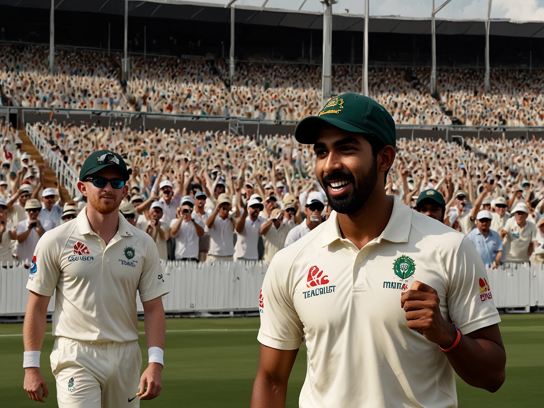 A close-up shot of Jasprit Bumrah celebrating after taking the wicket of Steve Smith, illustrating the joy and excitement of the cricketing moment amidst thrilled fans in the background.