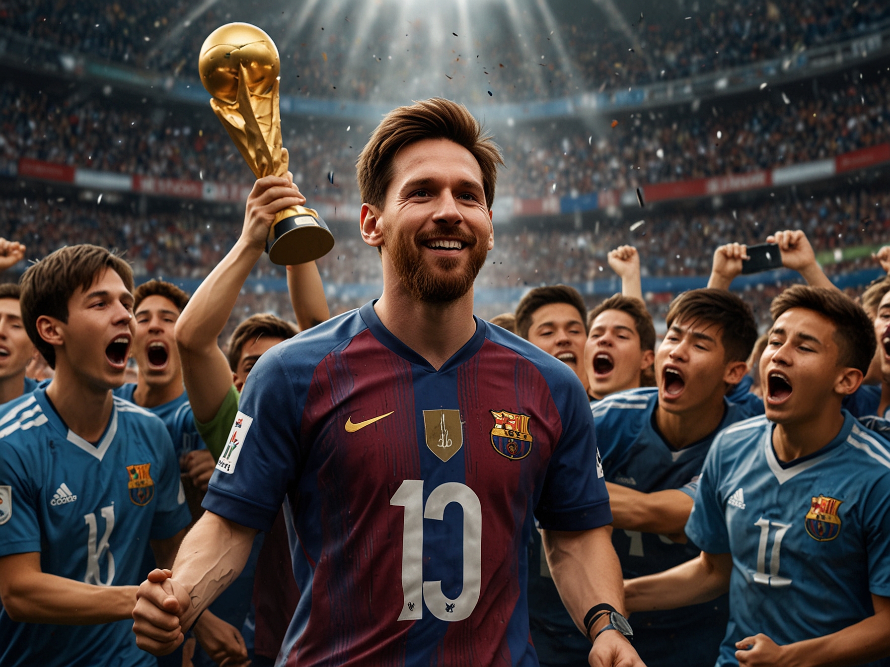 Lionel Messi standing at midfield surrounded by 250 youth players forming 'MVP' with trophies in hand, capturing the surprise and joy of the moment.