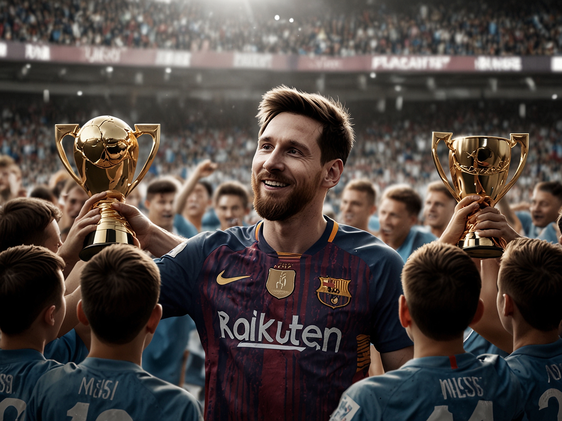 A close-up of Messi holding the MVP trophy, smiling and surrounded by young soccer players, embodying the inspiration he brings to the next generation.