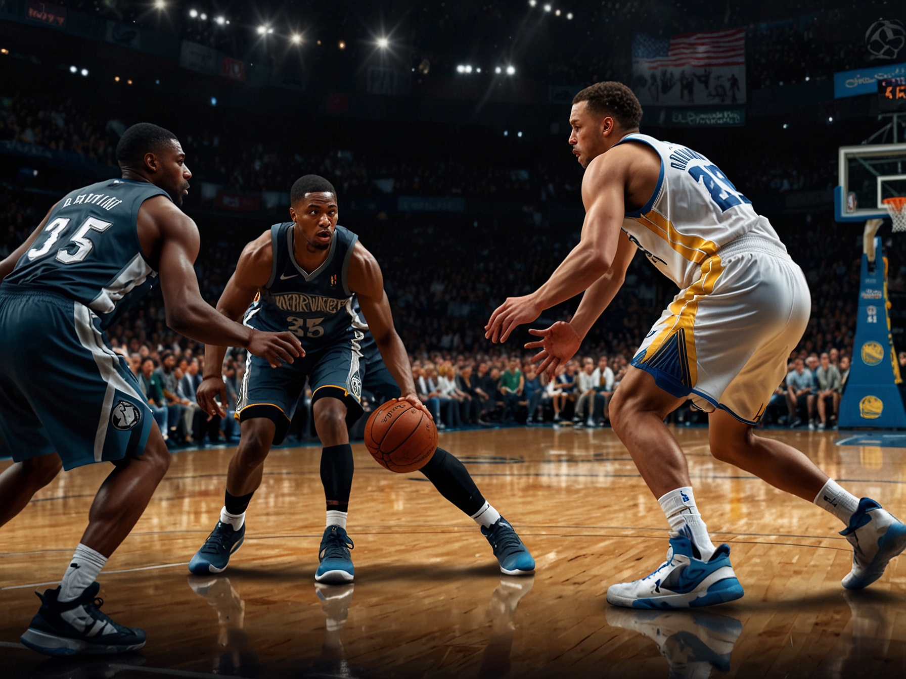 An intense basketball scene featuring the Golden State Warriors and Minnesota Timberwolves players. The image captures a moment of action as players collide for a loose ball, showcasing the urgency and tension of the game. The scoreboard in the background reflects the tension, with the Timberwolves leading significantly.