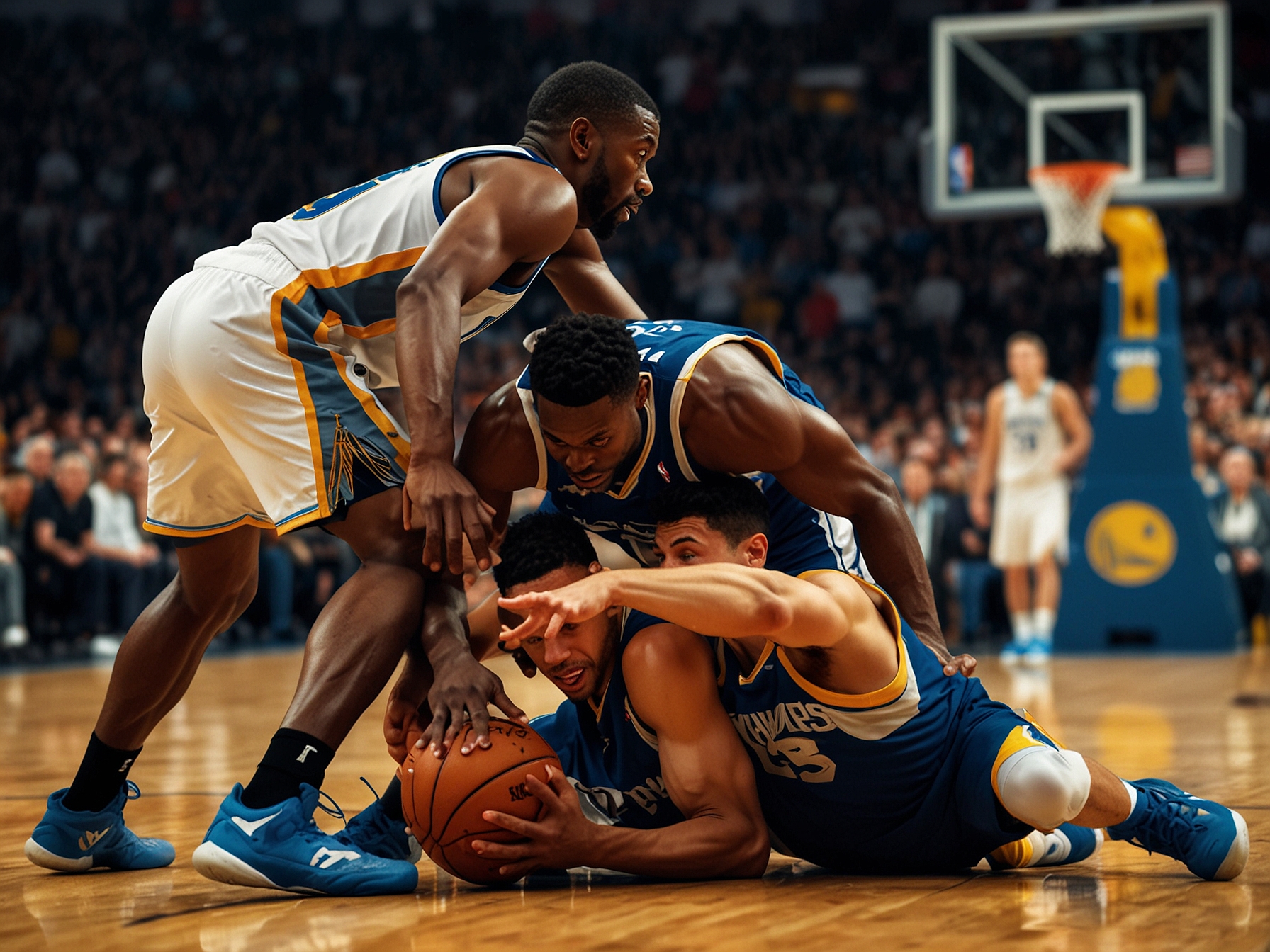 A close-up shot of Andrew Wiggins grimacing in pain after aggravating his ankle injury during the game, surrounded by concerned teammates and medical staff attending to him. This image reflects the challenges the Warriors face due to injuries.