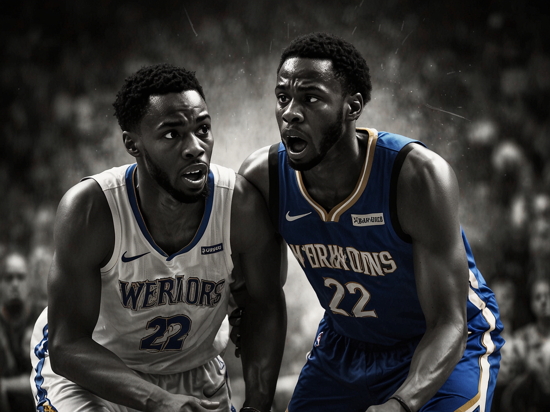 A dynamic image capturing Moses Moody and Andrew Wiggins during a tense game, highlighting the intensity of the competition and the struggles of the Golden State Warriors against the Timberwolves.