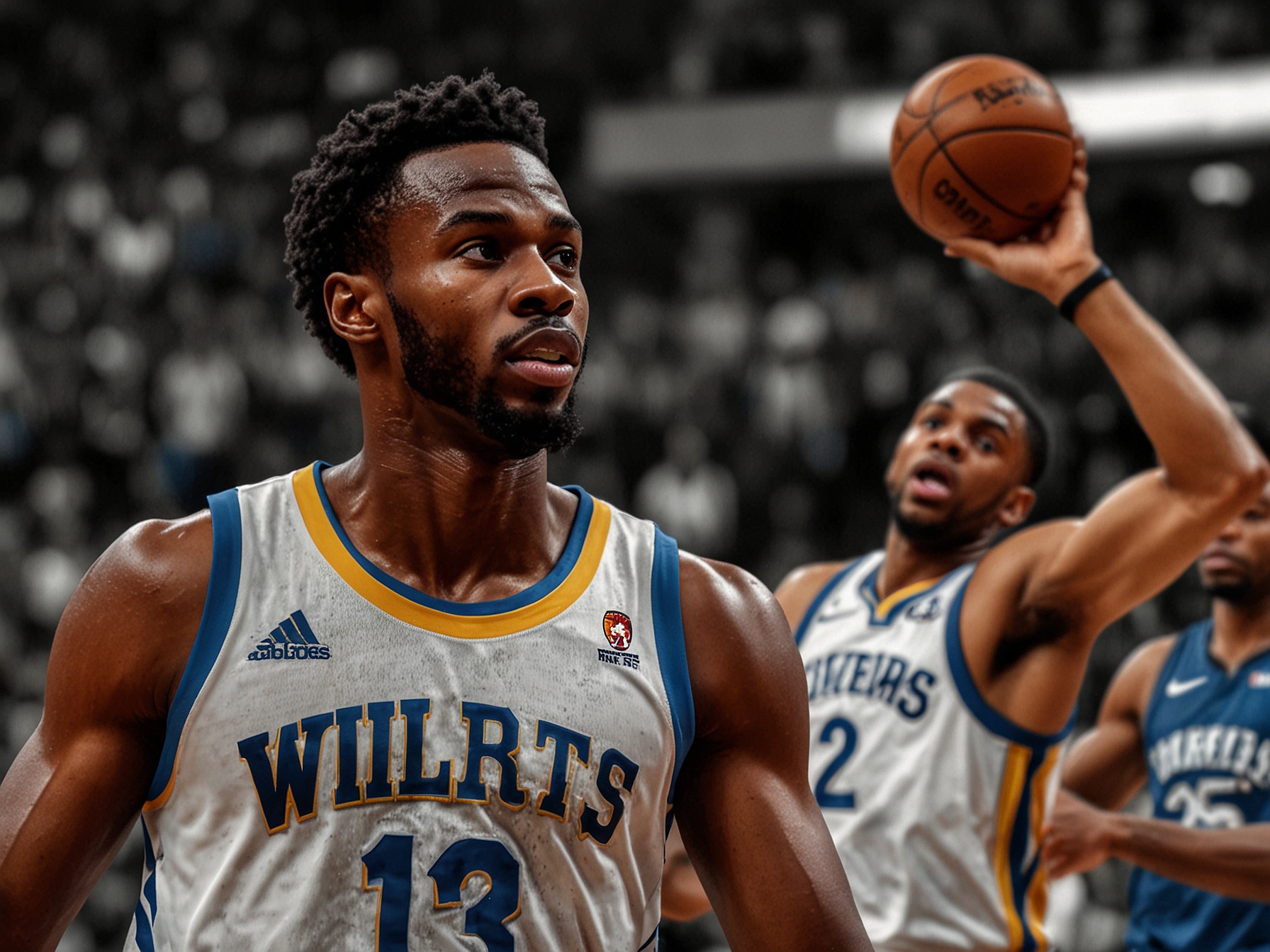 An action shot of Anthony Edwards making a play during the game, showcasing his dominance and the challenges faced by the Warriors defense in the match against the Timberwolves.