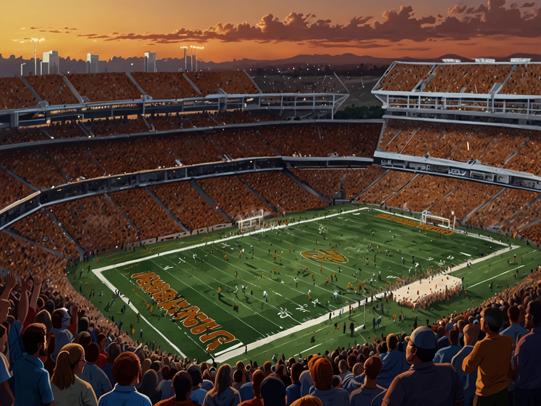 An aerial view of a packed college football stadium during a Championship Week game, filled with excited fans wearing team colors, creating an electric atmosphere.