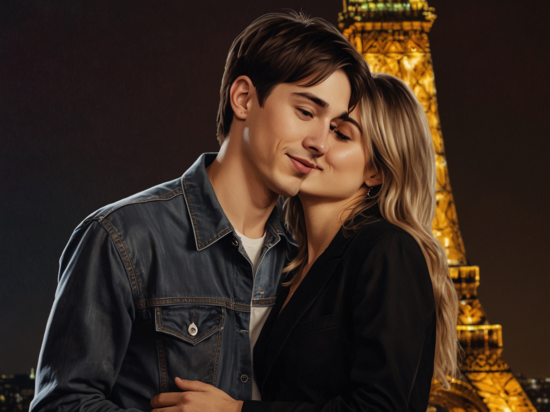 A romantic photo of Paris Jackson and Justin Long embracing, surrounded by soft, warm lighting that captures their love and happiness during their engagement announcement.