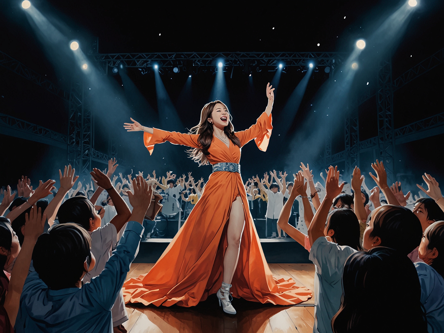 An emotional tribute image featuring Miho Nakayama performing on stage in a vibrant outfit, surrounded by her adoring fans, capturing the essence of her J-Pop era.