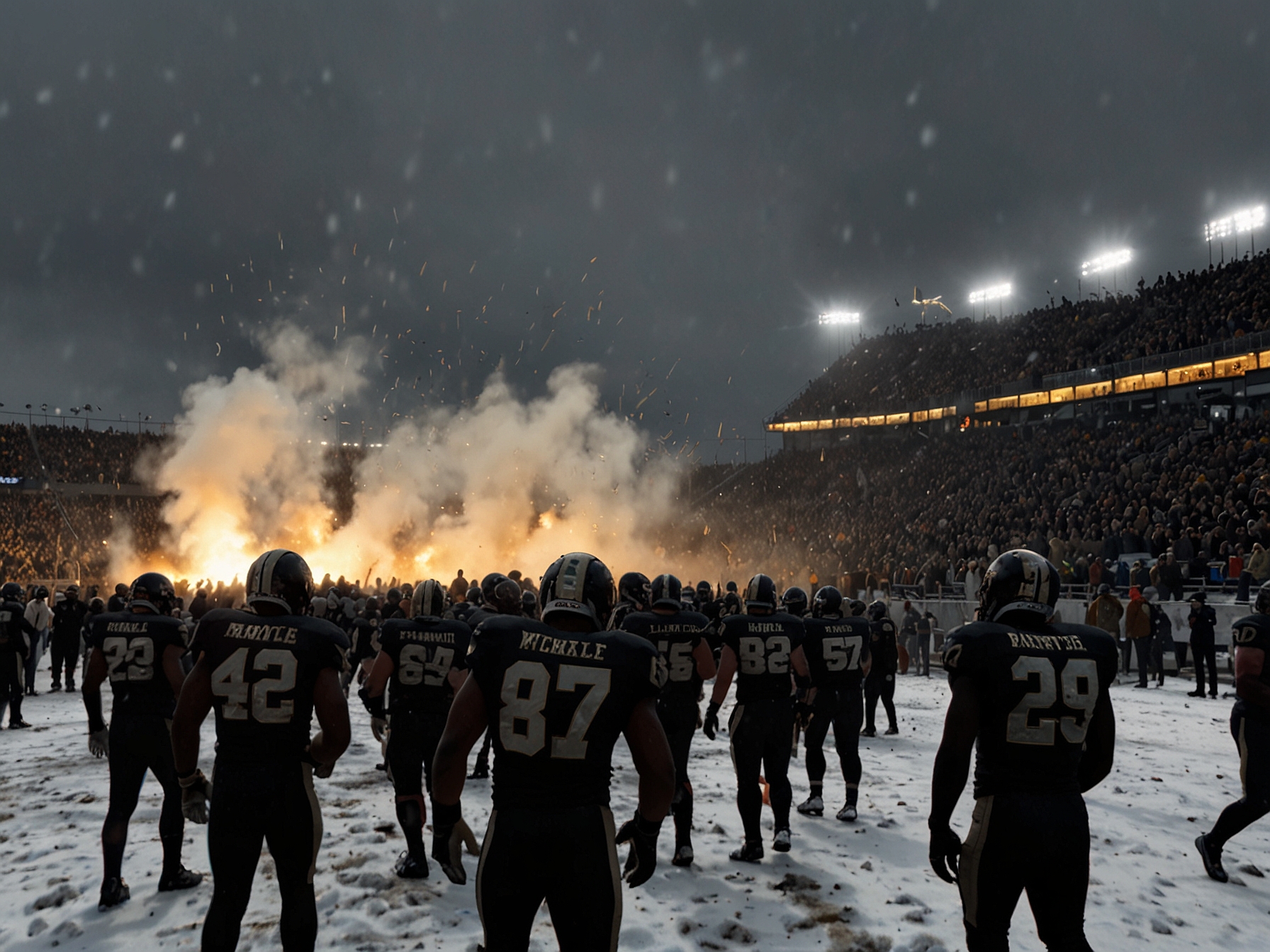 An electrifying scene at Michie Stadium with Army Black Knights fans cheering wildly as the team celebrates their first AAC Championship win under snowy conditions.