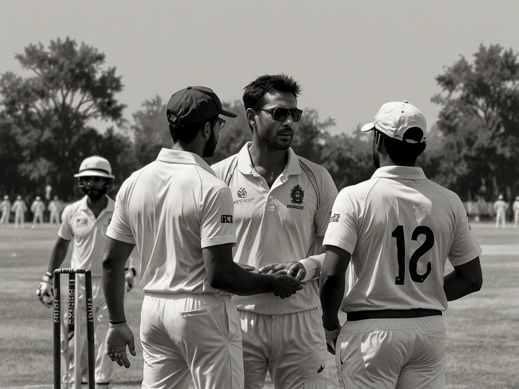 An intense moment during a cricket match where players are focused on the game as the captain makes strategic decisions, reflecting the pressure on leadership amidst criticism.