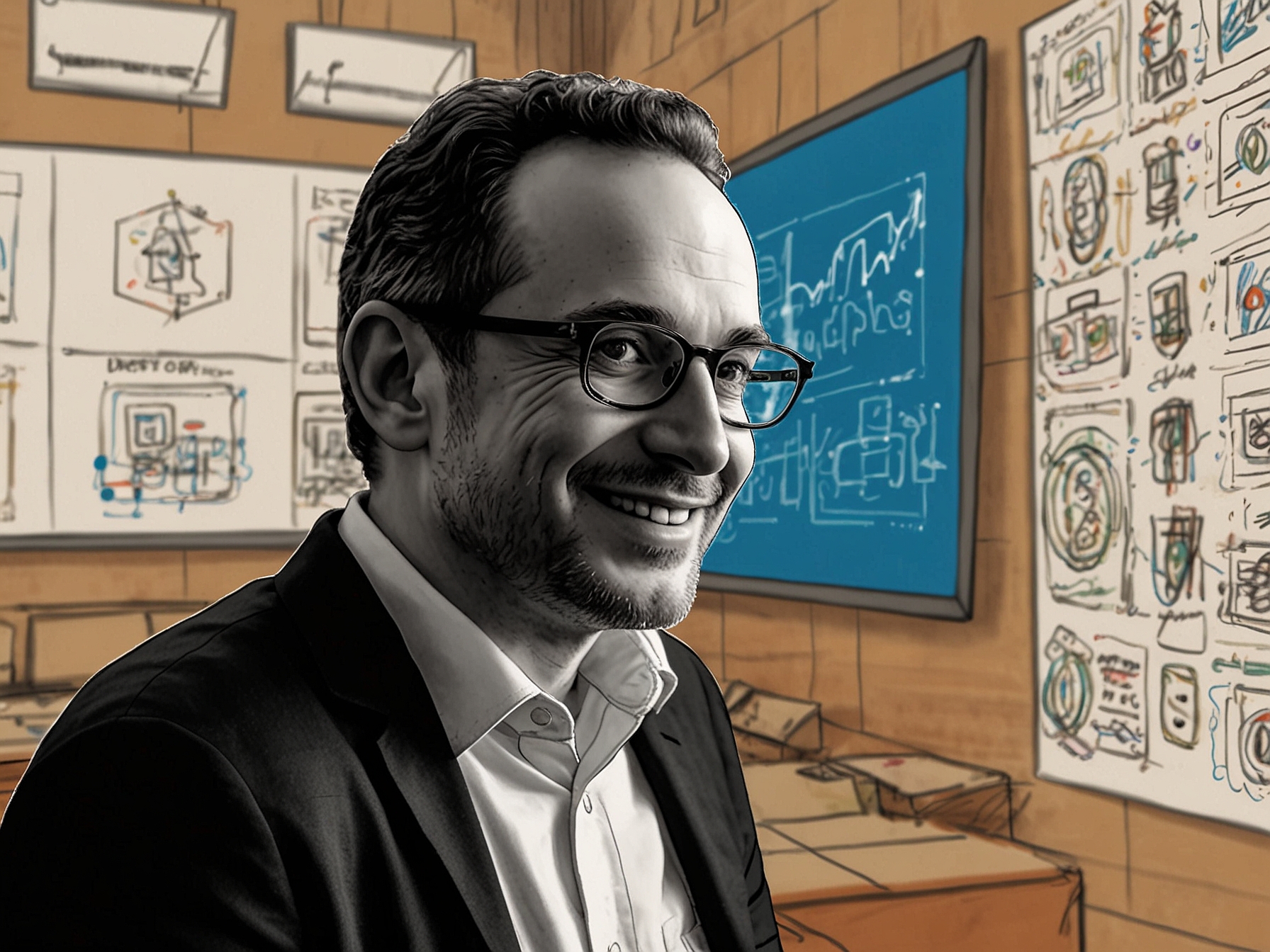 An image of David Sacks smiling confidently at a tech conference, surrounded by visuals of AI and crypto technologies, embodying innovation and leadership in the tech industry.