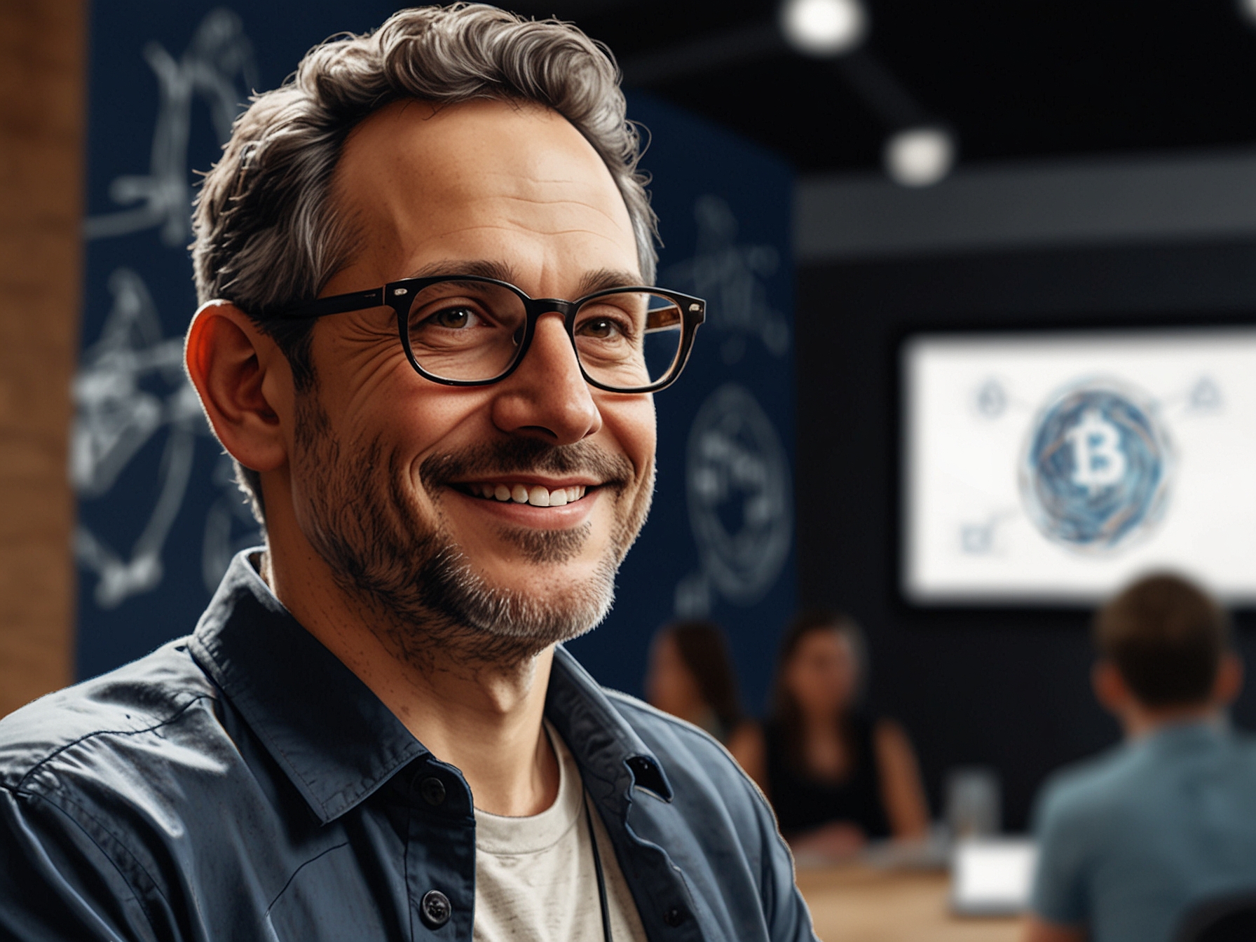 A visual representation of a futuristic cityscape with AI and crypto symbols, depicting the potential societal impact of Sacks' policies on technology and innovation.