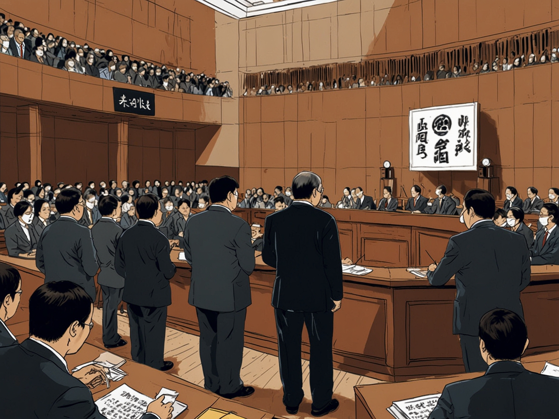 A tense parliamentary session in South Korea showing heated discussions among lawmakers, with some exiting the chamber amidst chaos, highlighting the political unrest surrounding President Yoon's impeachment.