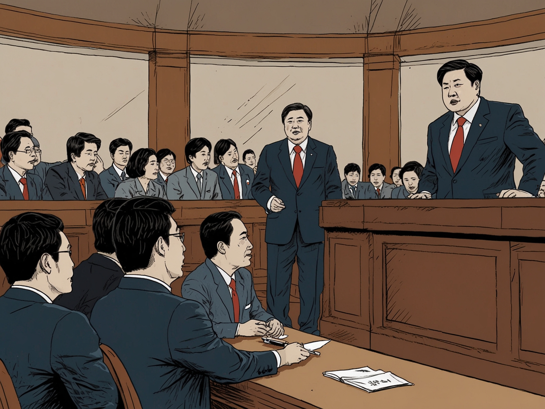 President Yoon Suk Yeol addressing the nation, flanked by advisors, with a solemn expression during his apology speech in response to the backlash from declaring martial law.