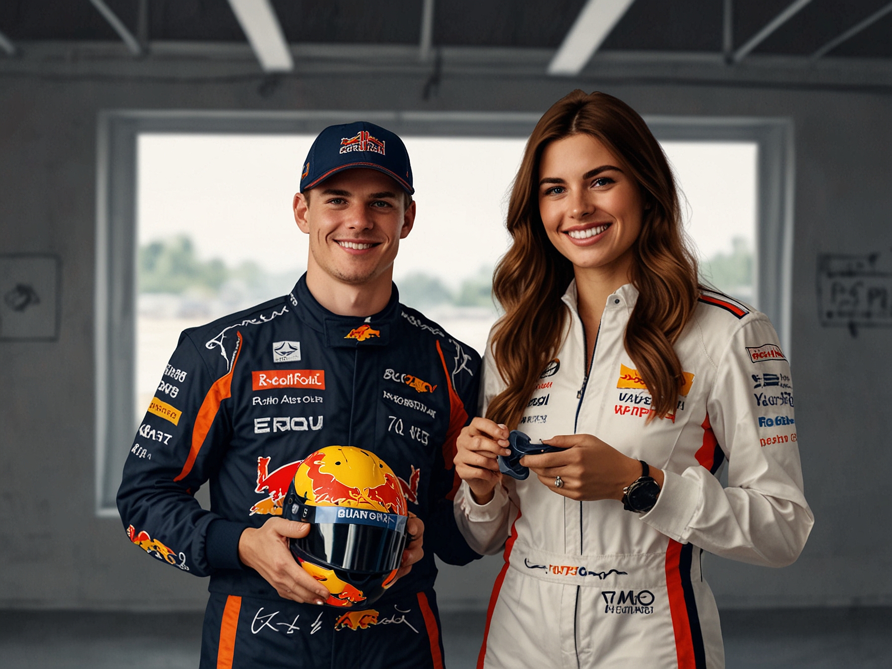 A joyful Max Verstappen and Kelly Piquet pose together, holding a tiny pair of racing shoes, symbolizing their upcoming journey into parenthood amidst the fast-paced world of Formula 1.