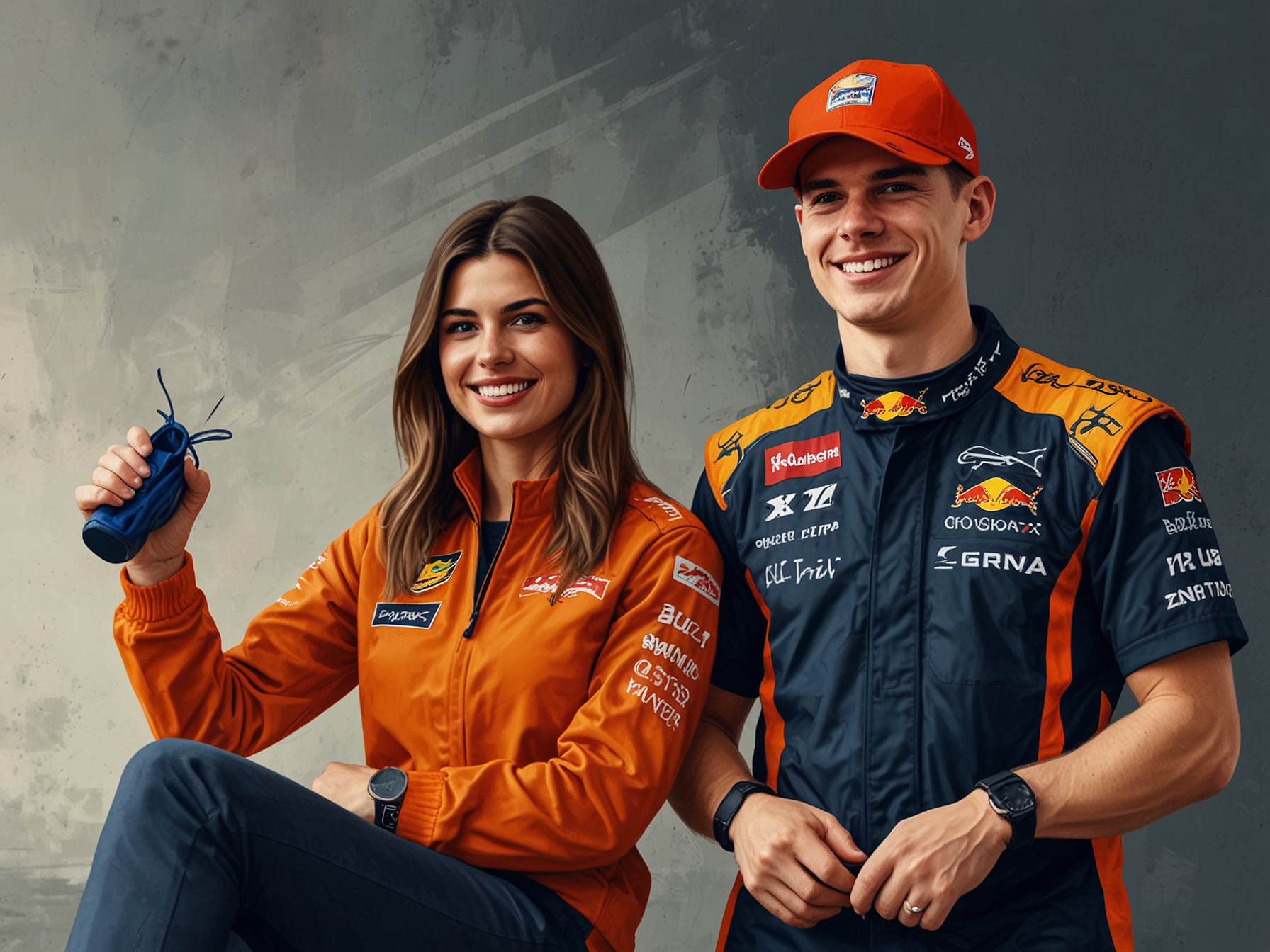 Kelly Piquet stands beside a baby stroller decorated with F1-themed colors, showcasing her excitement about the couple's pregnancy, representing the blend of family and racing life.