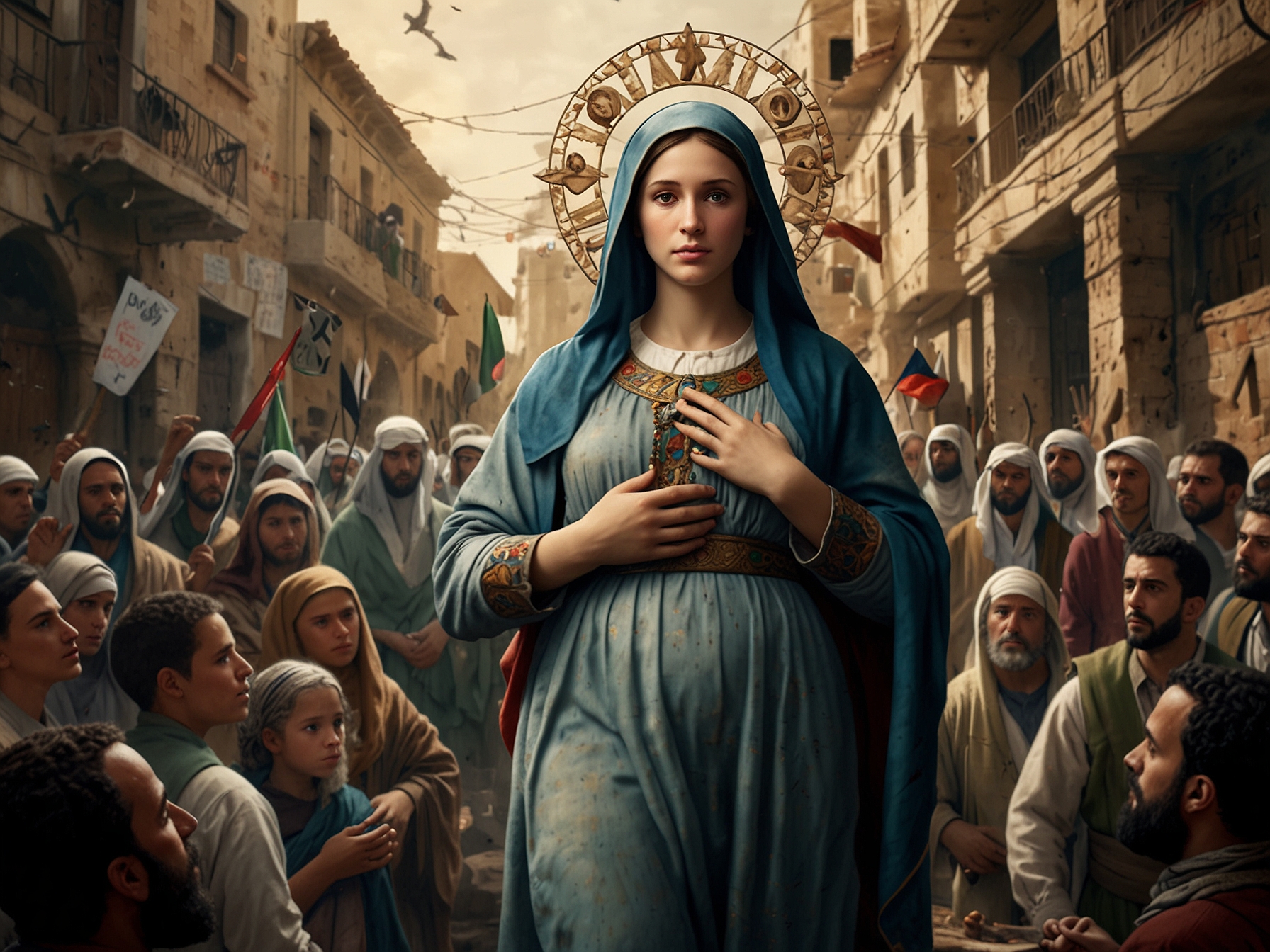 An artistic depiction of Mary, the mother of Jesus, surrounded by political symbols representing the conflicts between Palestinian and Christian narratives, illustrating the film's controversy.