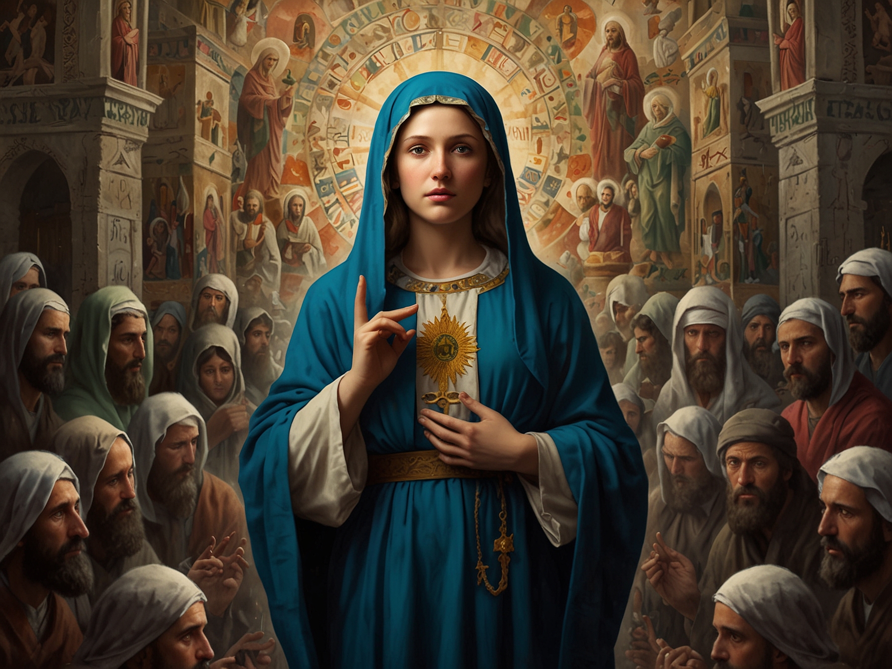 A split image of Noa Cohen as Mary, juxtaposing cultural symbols of both Palestinian and Christian heritage, highlighting the film's contentious casting choices.