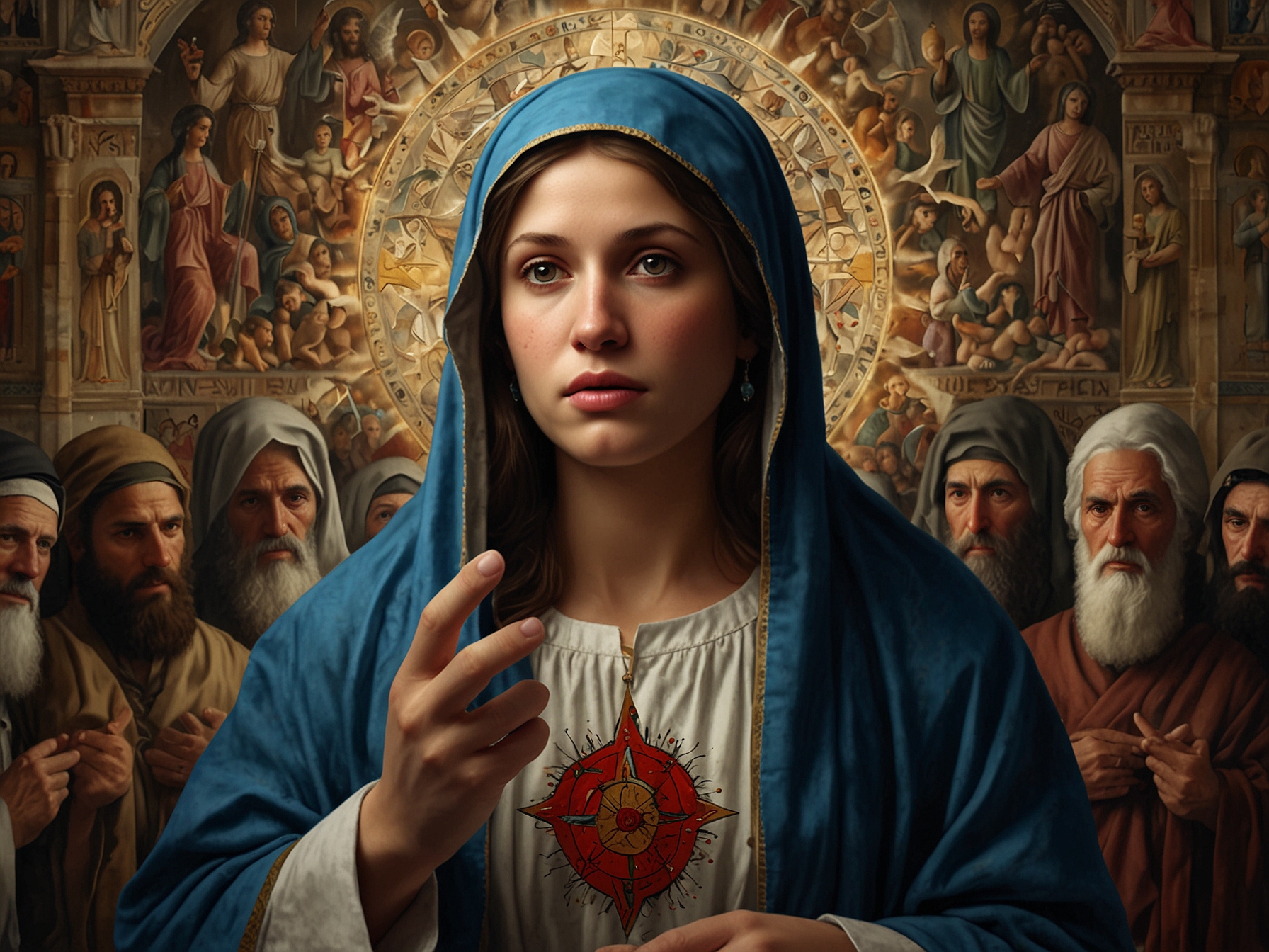A scene from the film featuring Mary, with the Archangel Gabriel in whimsical attire, showcasing the blend of sacred and secular elements in the storytelling.