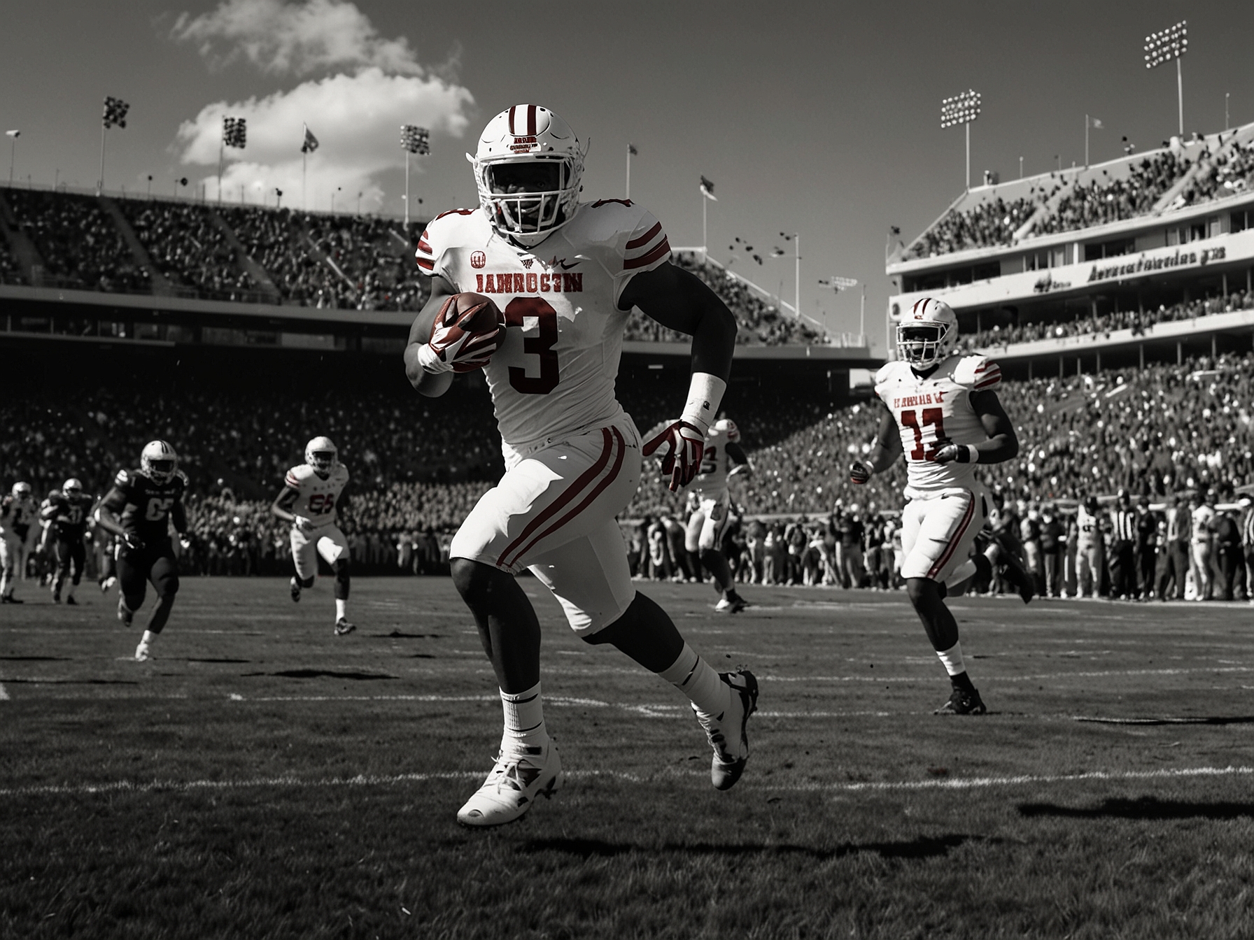 Ashton Jeanty sprinting down the field during the Mountain West Championship game, showcasing his speed and agility against the UNLV defense.