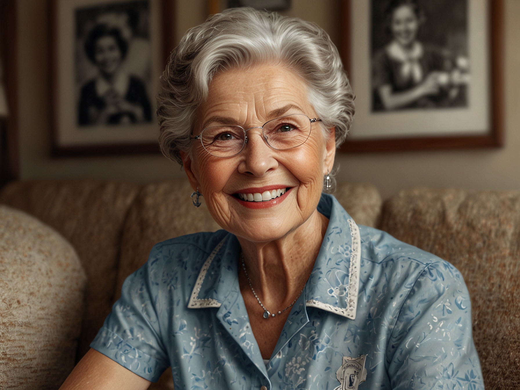 A heartwarming portrait of Wilma Norris Knight, showcasing her warm smile and gentle spirit, surrounded by family photos that highlight cherished moments and love shared.