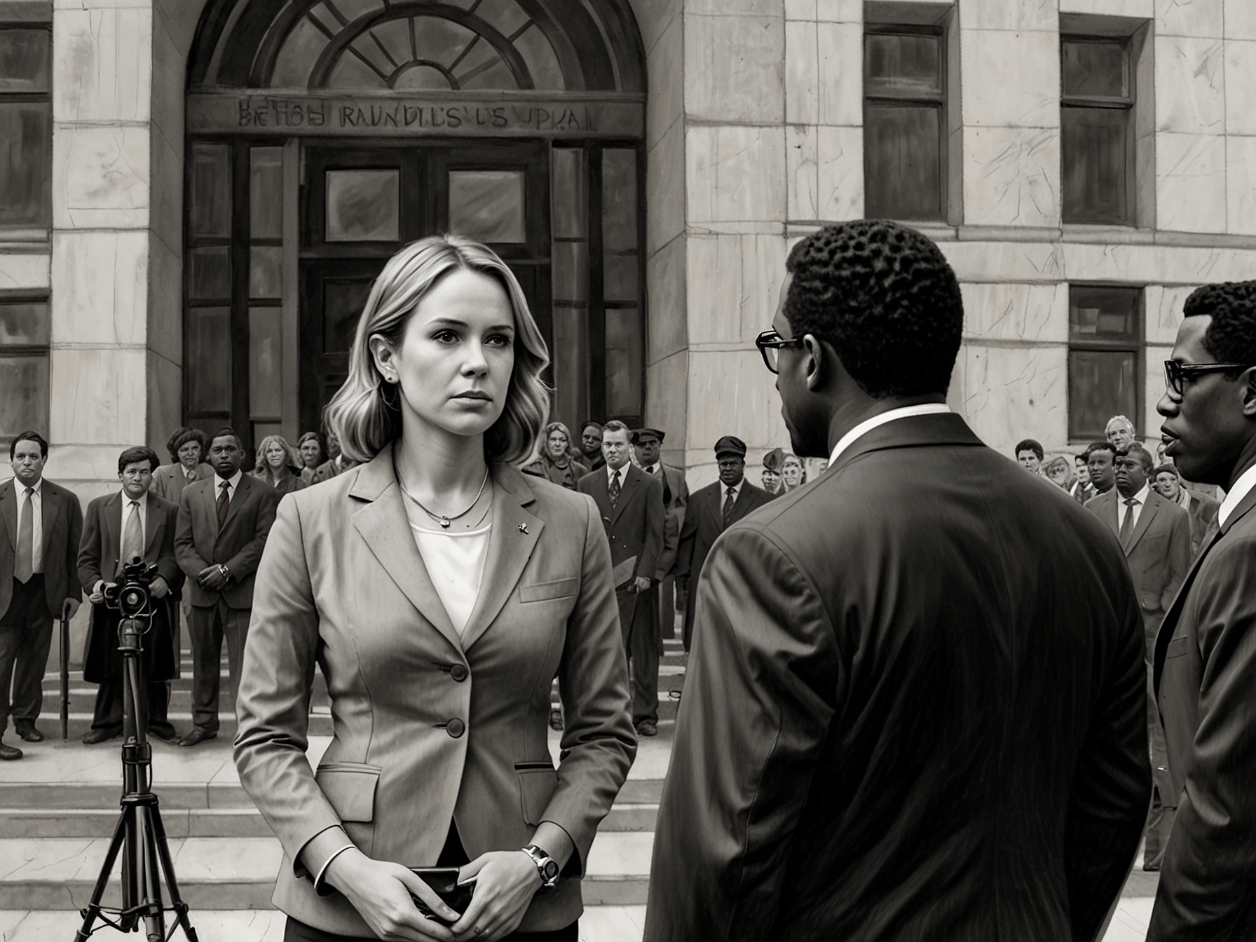 A determined Anna Kane stands in front of a courthouse, holding a press conference, reflecting her courage and commitment to seeking justice for her allegations against Diddy.