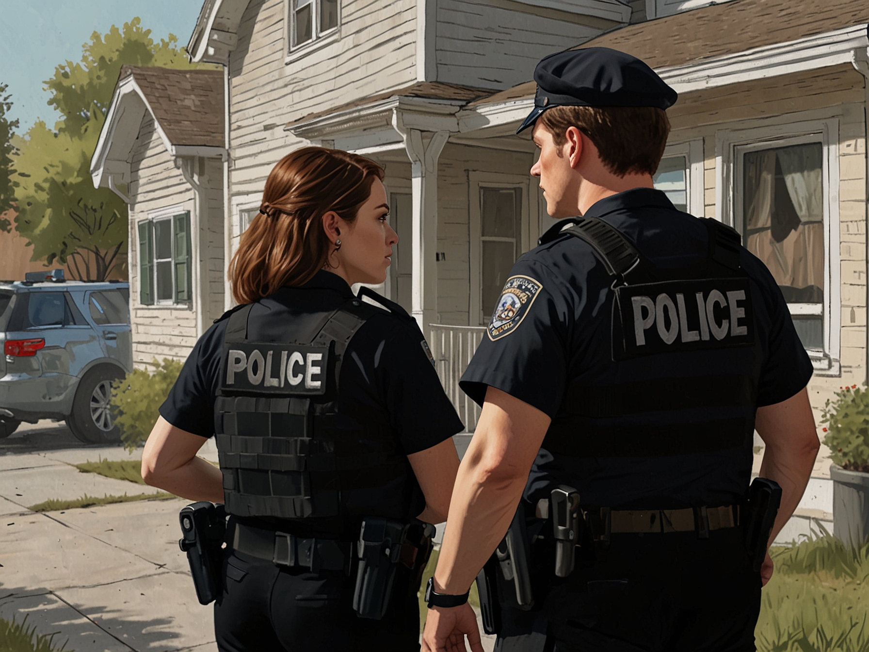A tense moment captured outside Nick Fuentes' home, showcasing the confrontation between him and Marla Rose, with police units nearby. This visual illustrates the real-world consequences of online disputes.