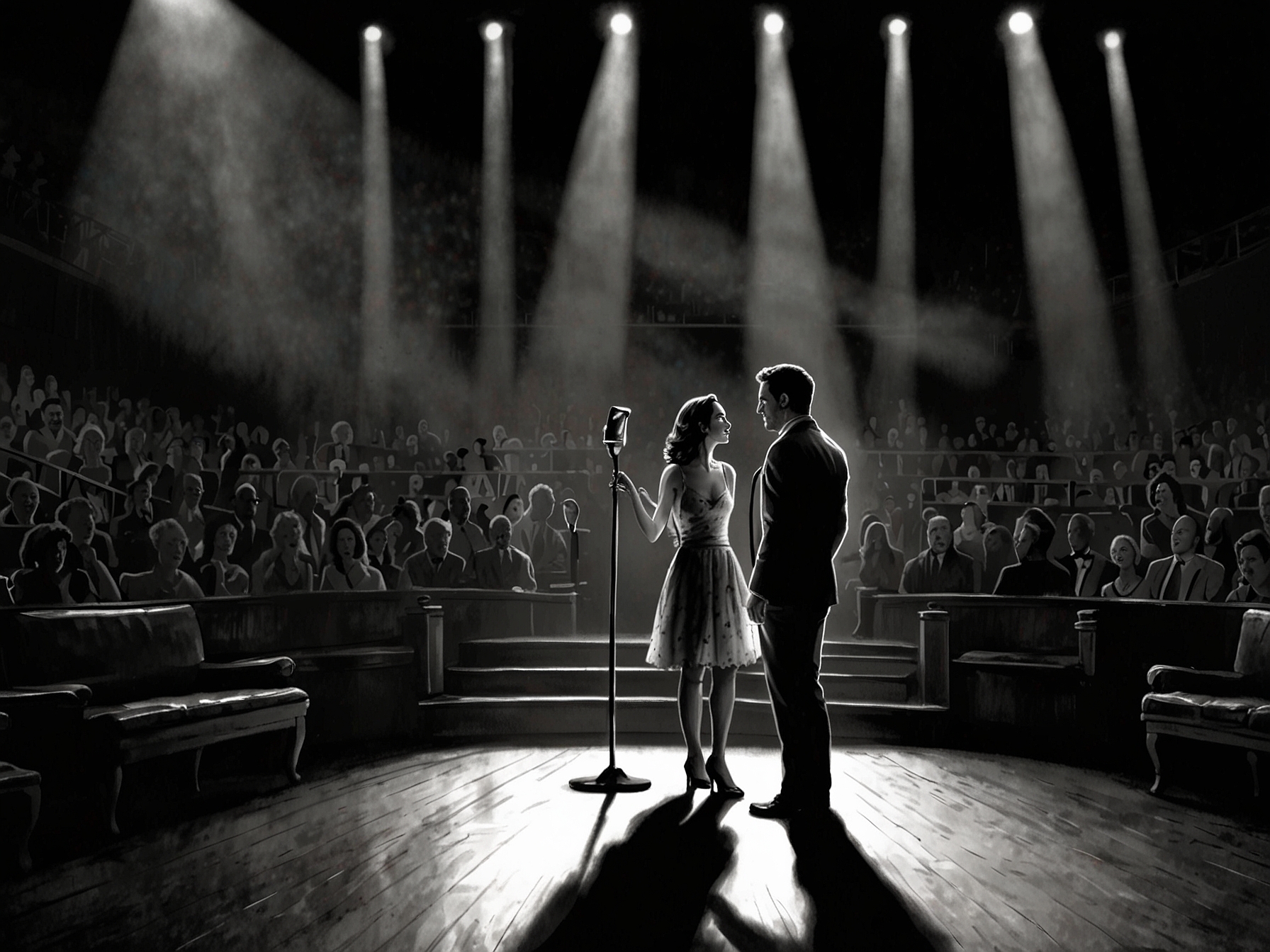 A dramatic stage setting with spotlight highlights on Laura Benanti and Zachary Levi, reflecting their contrasting performances and energies during a Broadway production.