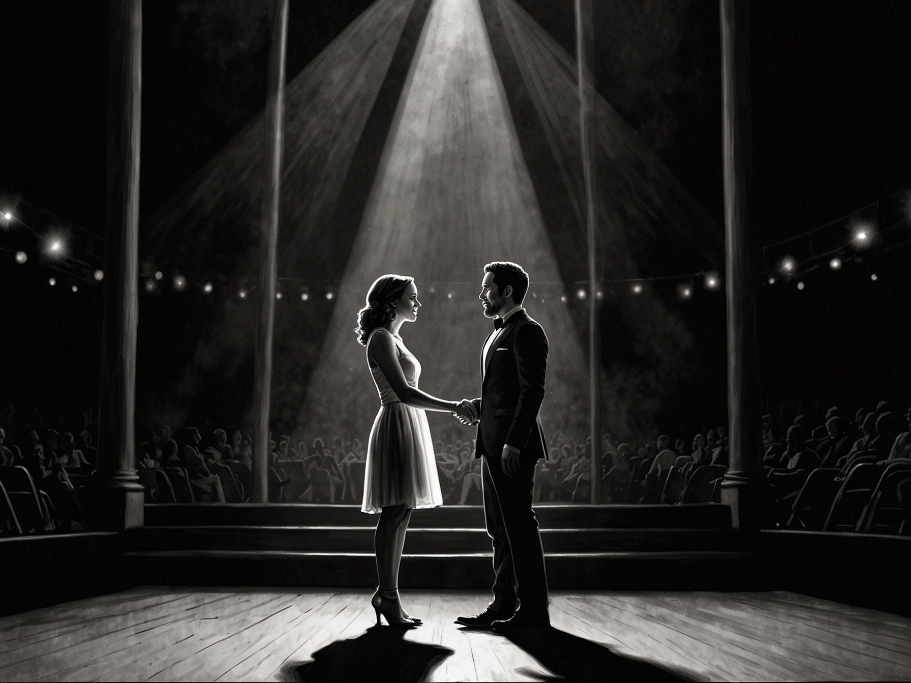 A somber tribute scene featuring flowers and a framed picture of Gavin Creel, symbolizing loss and remembrance within the theater community.