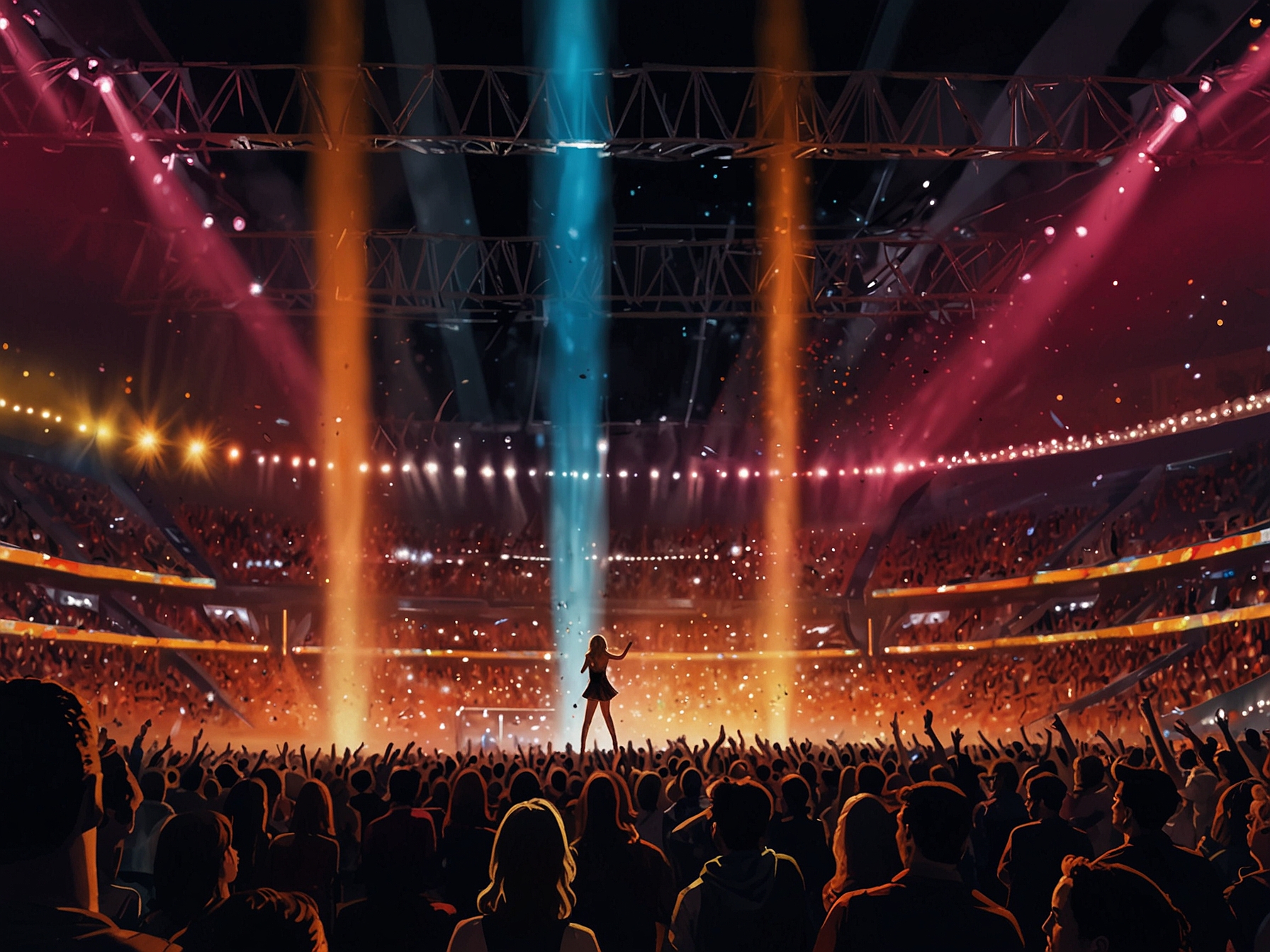 A vibrant crowd at BC Place in Vancouver, illuminated by colorful stage lights, showcasing Taylor Swift performing energetically during her Eras Tour finale.
