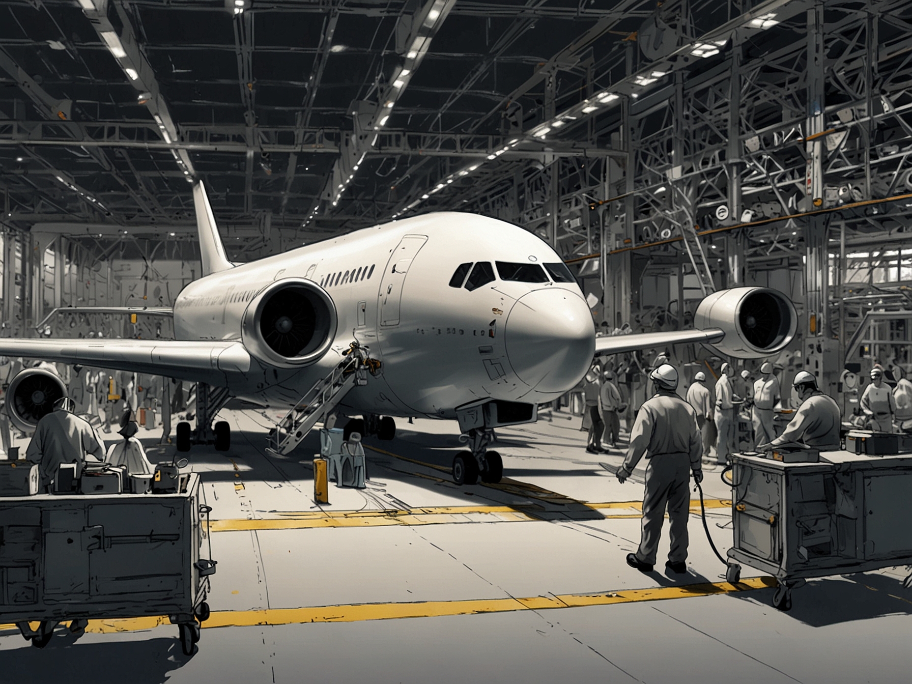 An image illustrating an aircraft assembly line at Boeing, showcasing assembly workers and machinery, under a banner of safety protocols, hinting at scrutiny and oversight challenges that pose risks to passenger safety.
