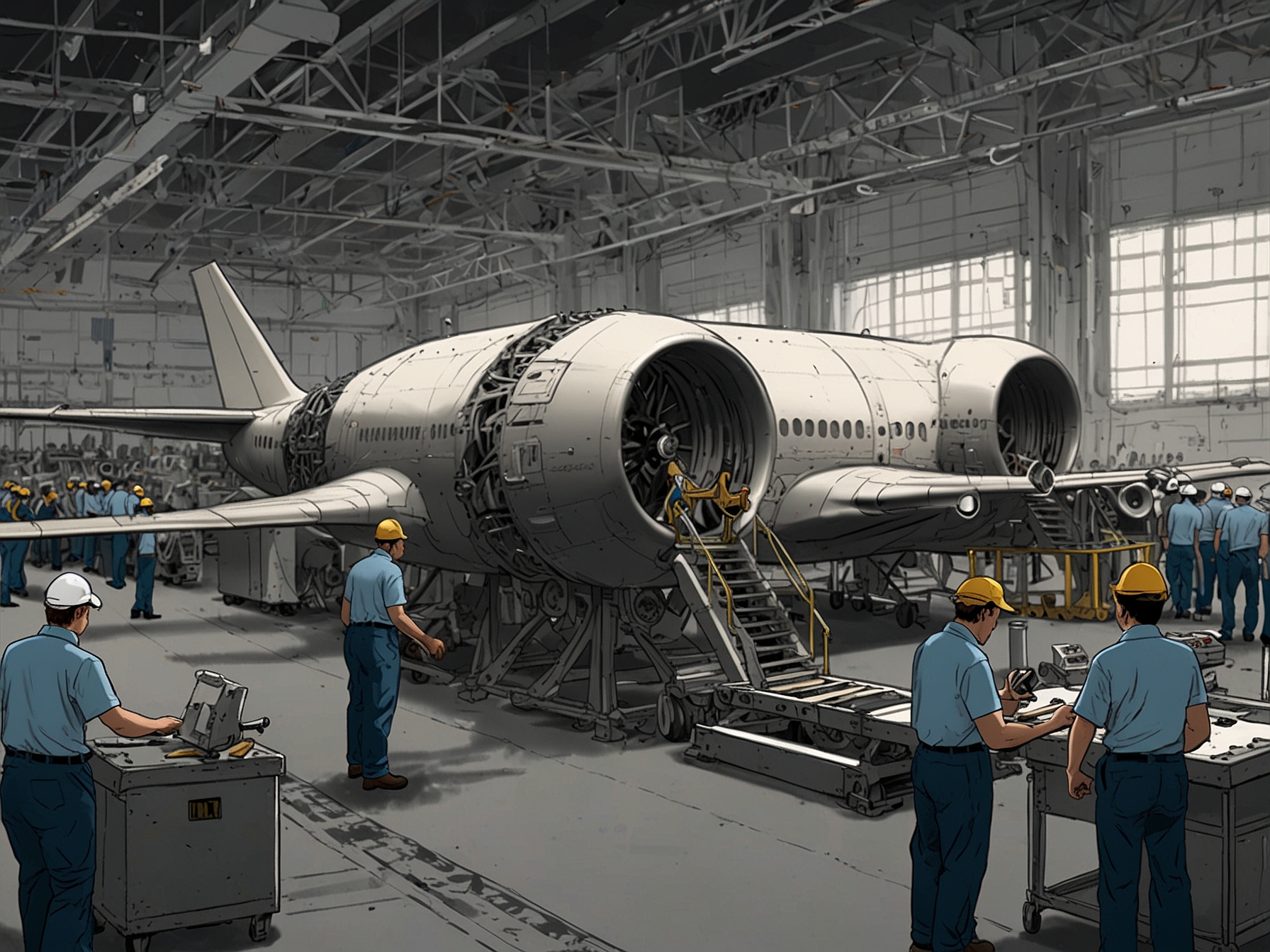 A close-up of a factory worker inspecting aircraft parts, symbolizing the rigorous quality assurance processes that must be maintained for aviation safety amidst production pressures.