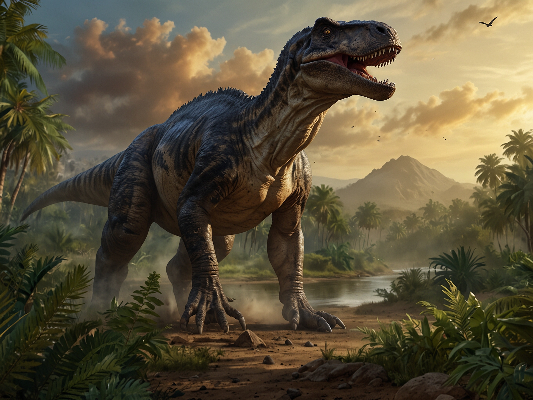 An engaging illustration of the Tarbosaurus in its natural habitat during the Late Cretaceous period, showcasing its impressive size and predatory features amid a lush prehistoric landscape.