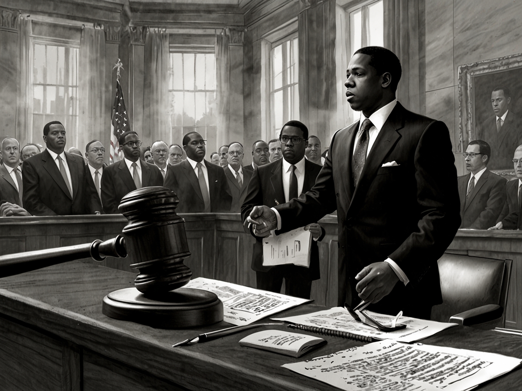 An image illustrating a courtroom scene with a focus on a gavel and legal documents that symbolize the seriousness of the allegations against Jay-Z and Diddy.