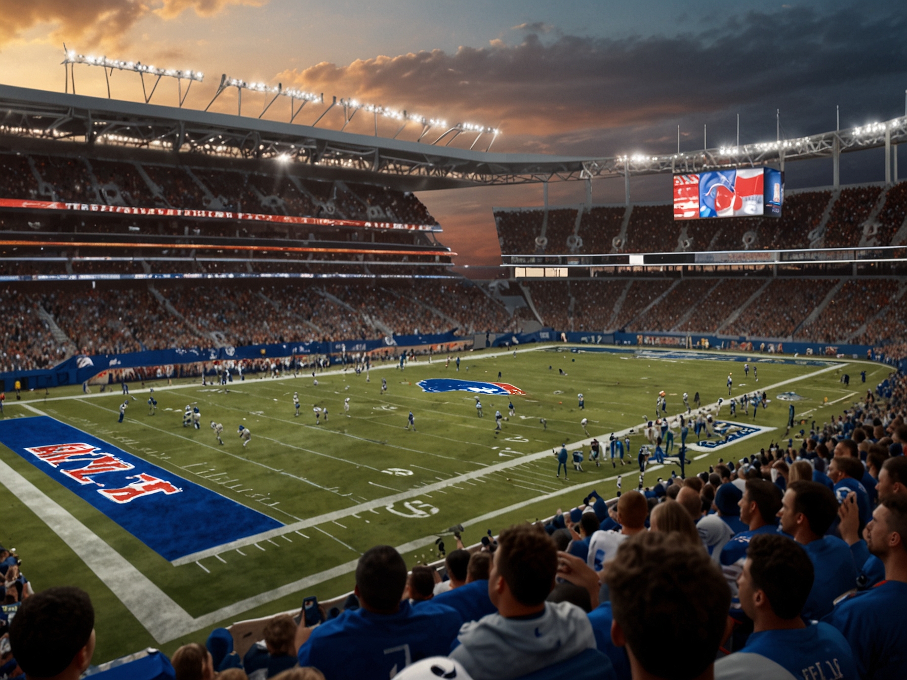 A spectacular view of SoFi Stadium during the high-scoring game, showcasing excited fans wearing Rams and Bills jerseys, highlighting the electric atmosphere of this thrilling sports event.