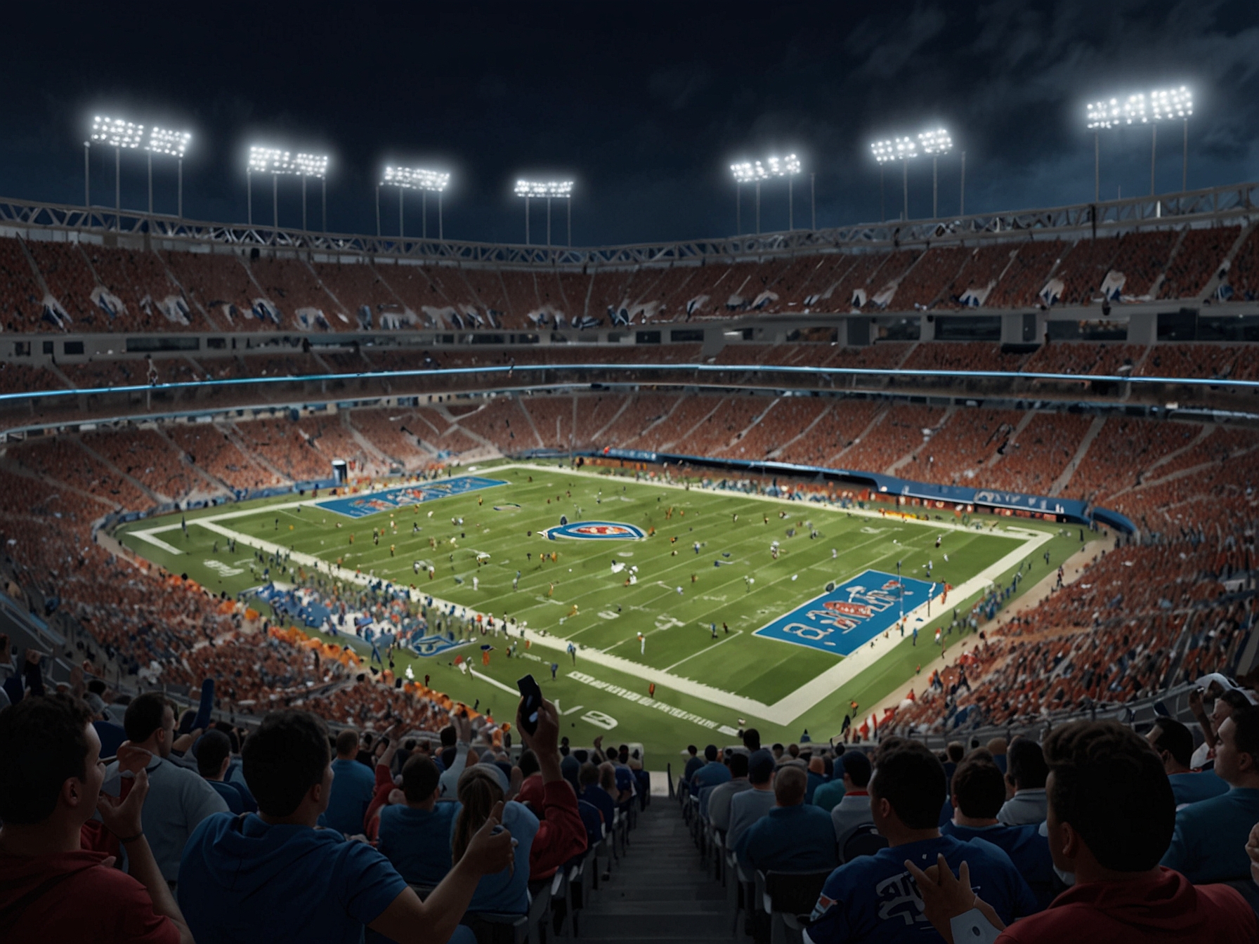 An action shot of Rams quarterback Matthew Stafford throwing a pass to Puka Nacua, with the stadium crowd in the background, capturing the intensity of the game.