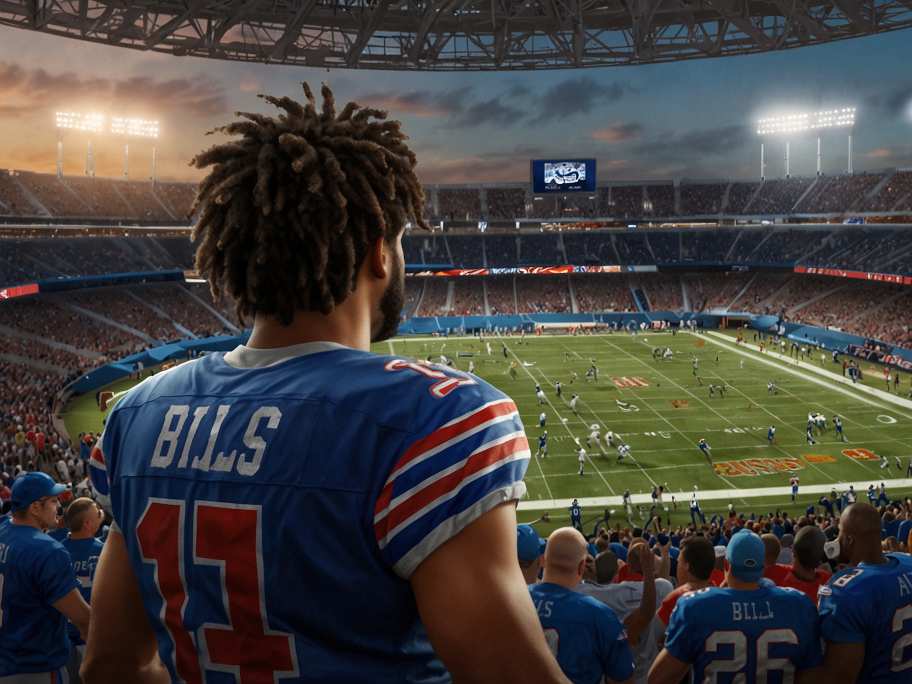 Josh Allen in mid-action, attempting a crucial quarterback sneak, surrounded by defenders as the game reaches its dramatic conclusion, conveying the pressure of the moment.