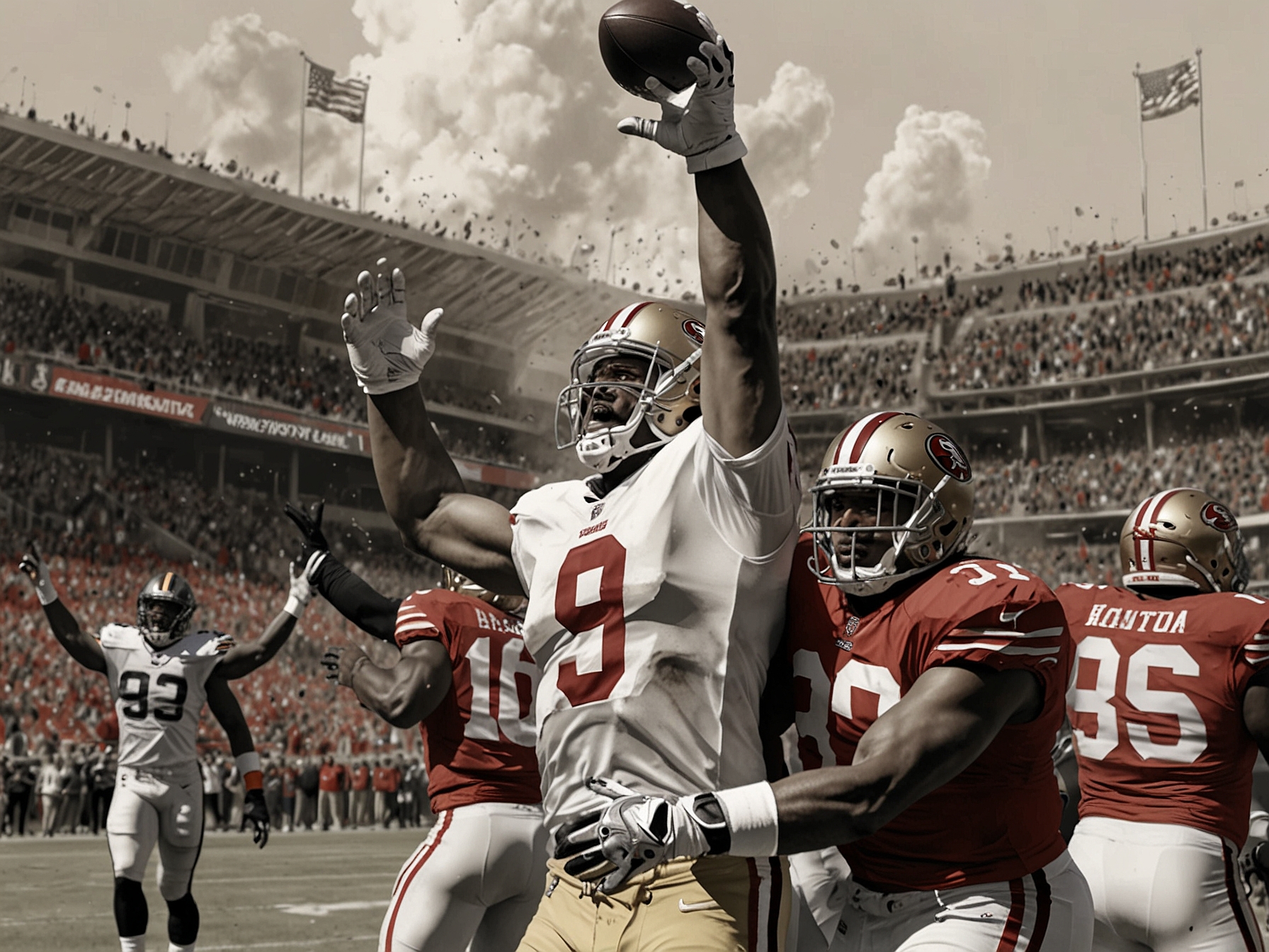 A dynamic image of the San Francisco 49ers celebrating a touchdown during the game against the Chicago Bears, capturing the excitement of fans in the stands and the intensity of the match.