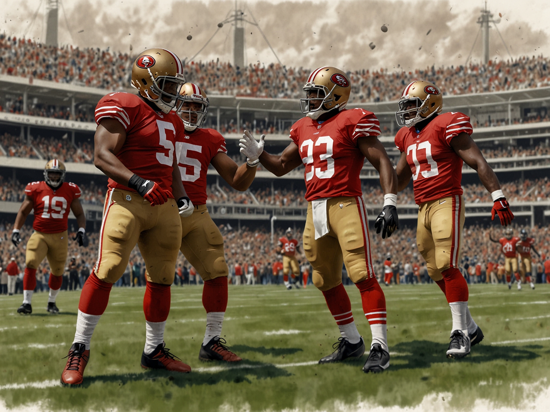 Close-up of a 49ers player making a significant play, with a backdrop of cheering fans dressed in red and gold, showcasing the vibrant atmosphere at Levi's Stadium.