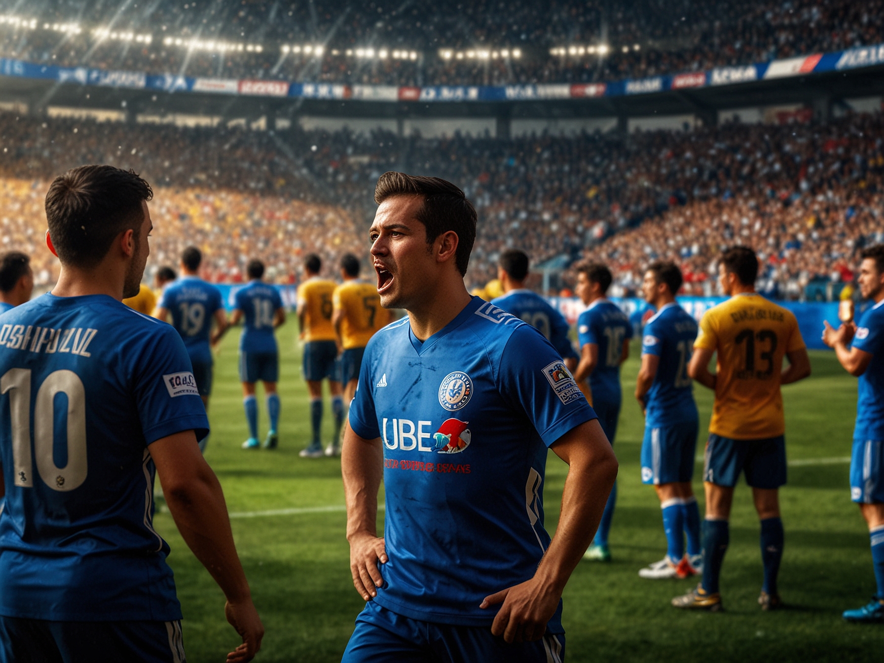 A tense moment from the Cruz Azul vs América match showing intense player interactions on the field, with fans cheering in the background and a vivid atmosphere that captures the rivalry's essence.