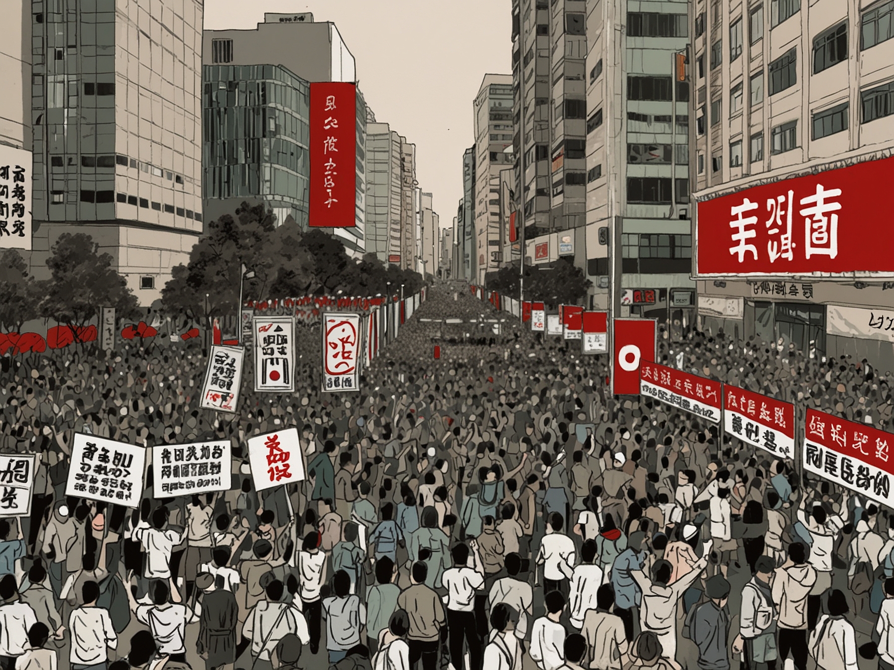 A vibrant street scene filled with thousands of South Koreans protesting against martial law, holding signs and banners advocating for democracy, with social media feeds displayed in the background.