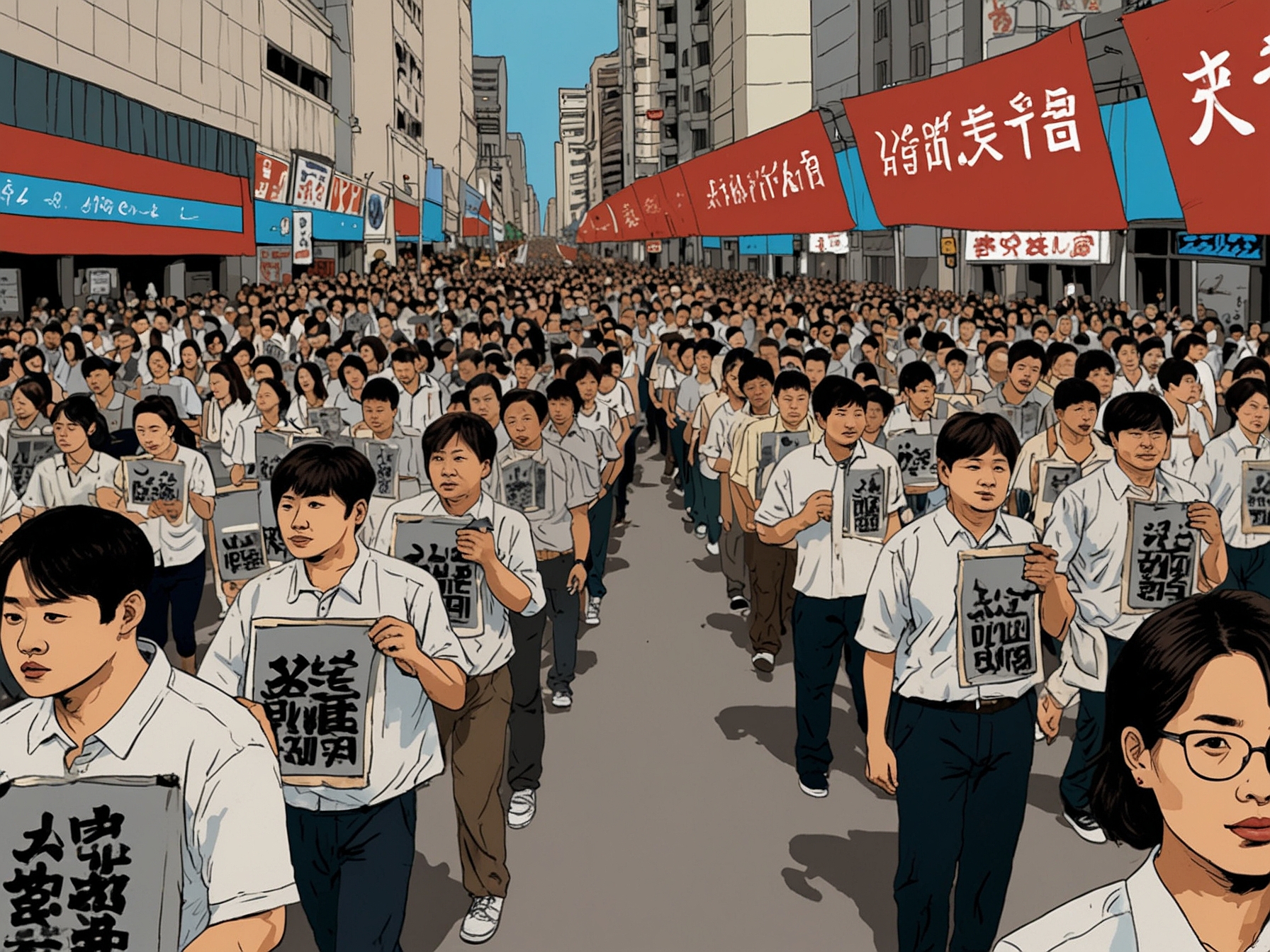 Protesters using smartphones to livestream their demonstration, showcasing the power of technology in mobilizing support for democratic values, set against the backdrop of a city skyline.