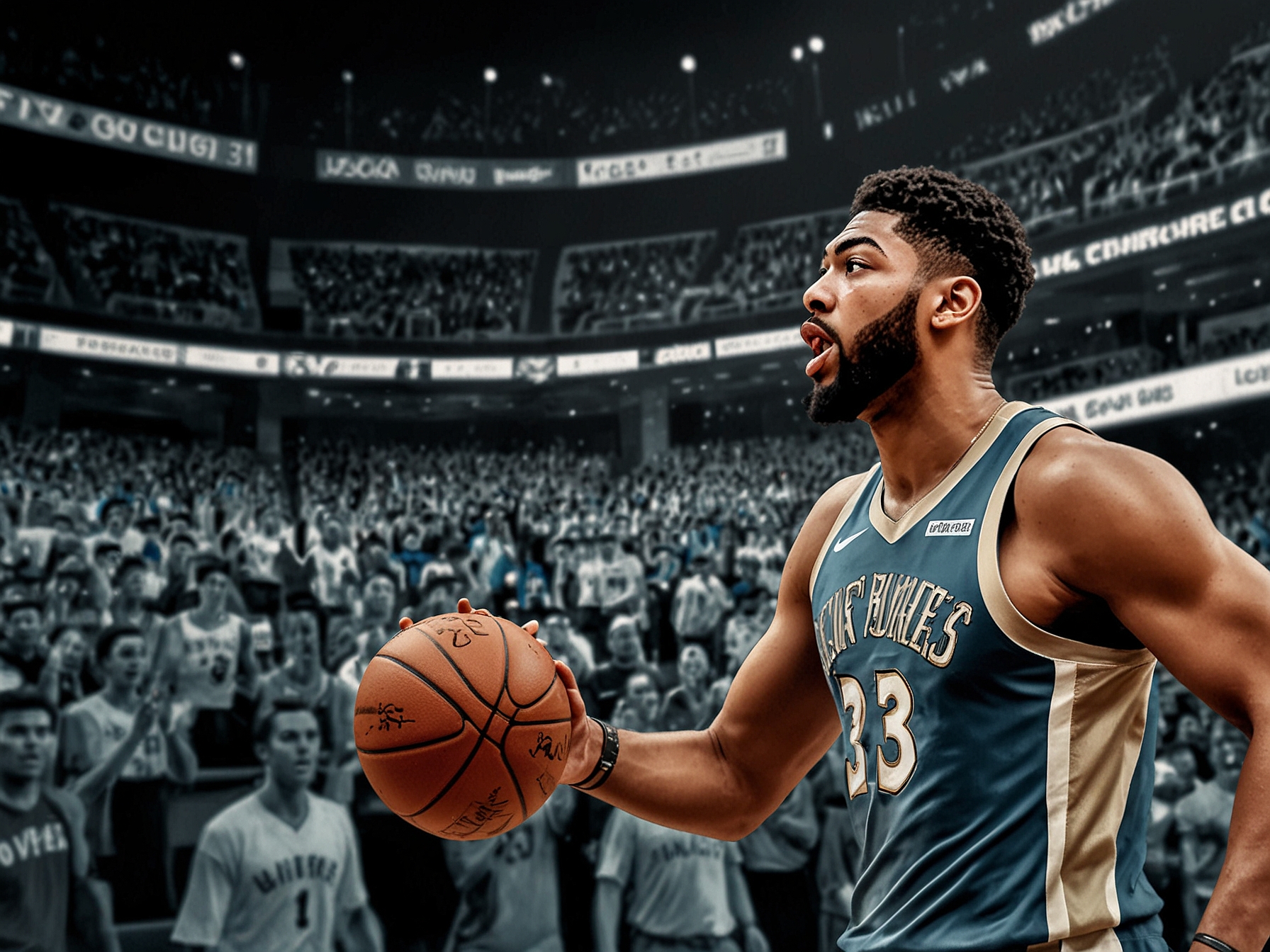 An action shot of Anthony Davis driving to the basket, with a crowd of fans cheering in the background, representing the high stakes of the upcoming matchup.