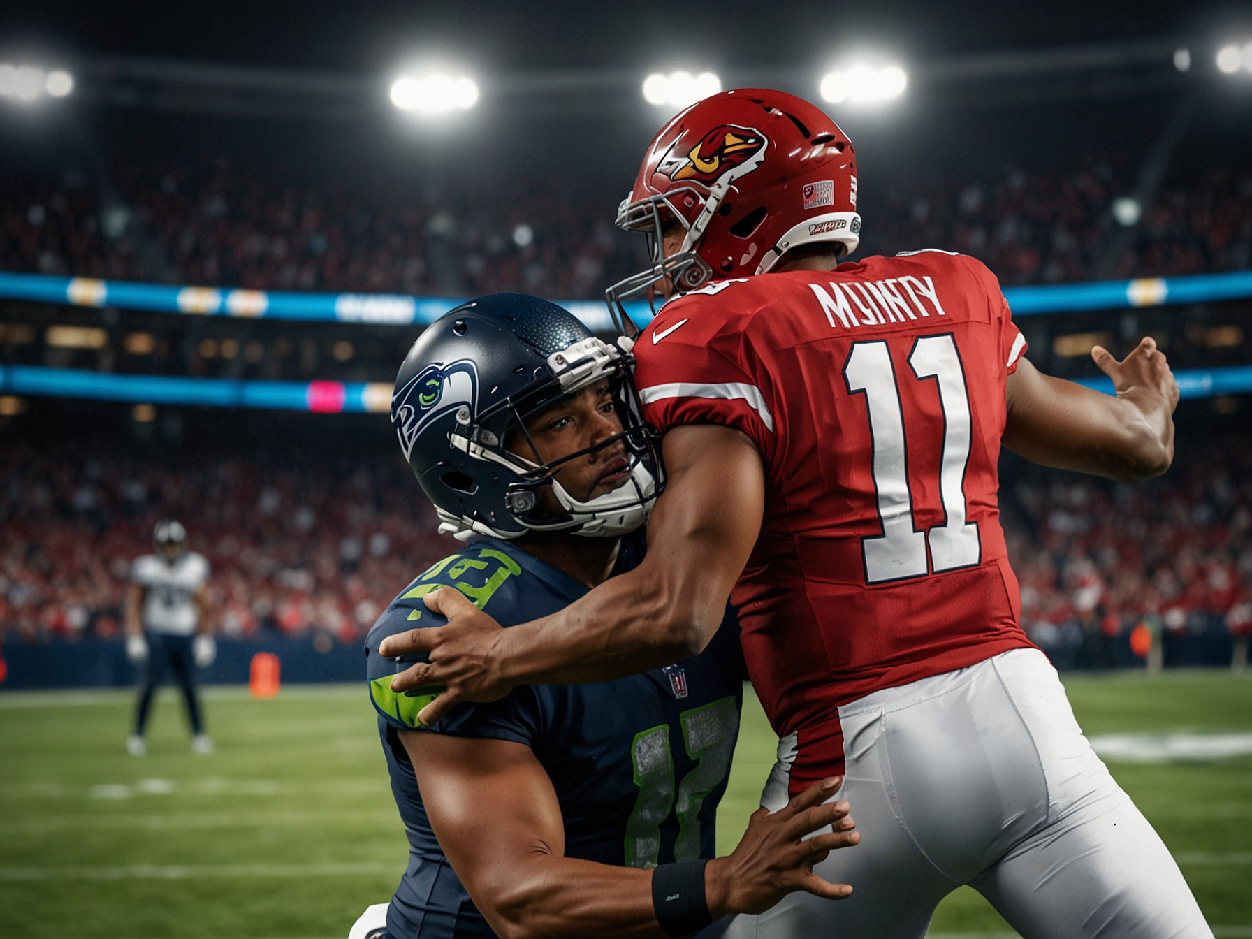 An intense moment from the game where Seahawks' defense tackles Kyler Murray of the Cardinals, showcasing the fierce competition and pivotal plays that defined the match.